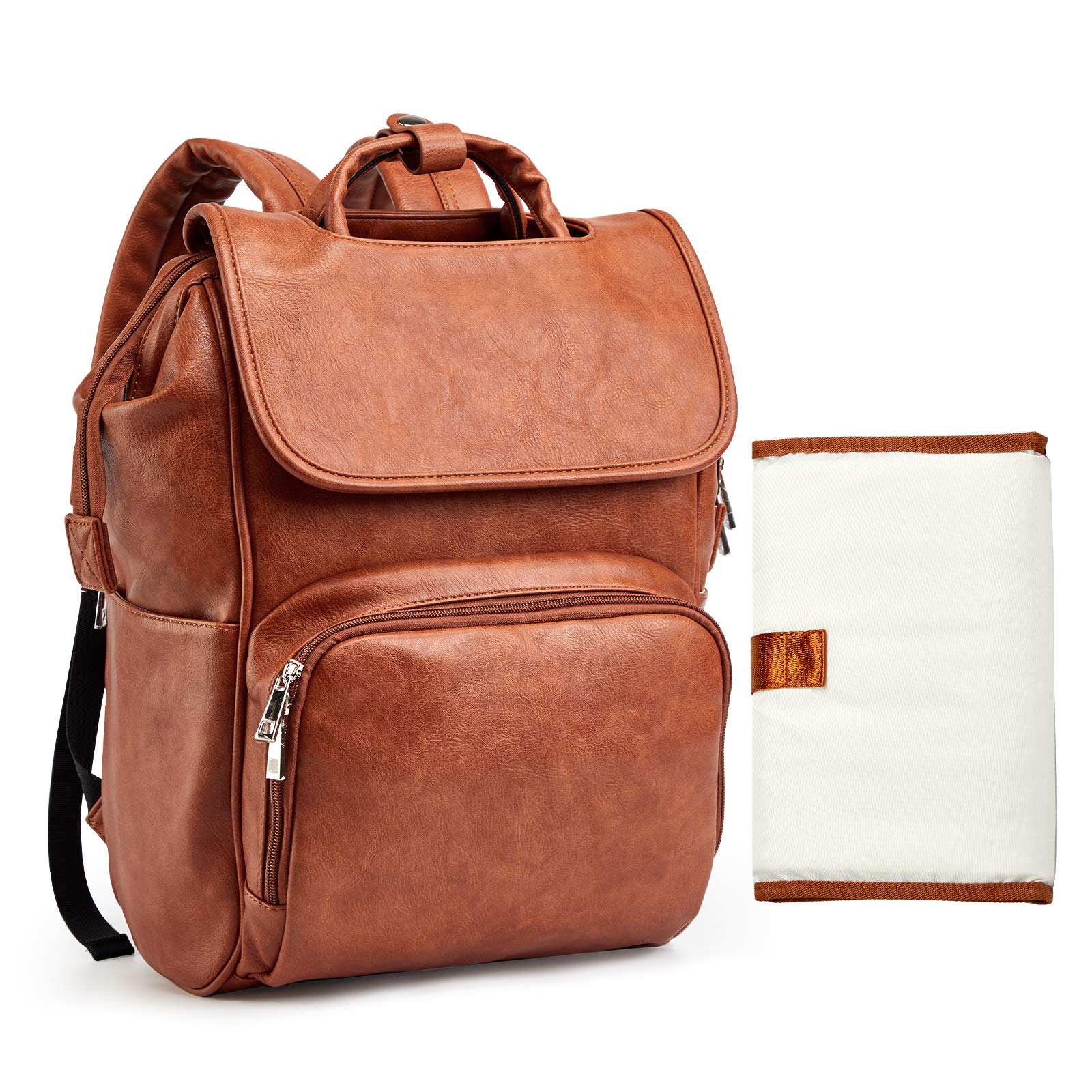 HAHASOLE leather diaper bag backpack wide-opening for quick access to items.
