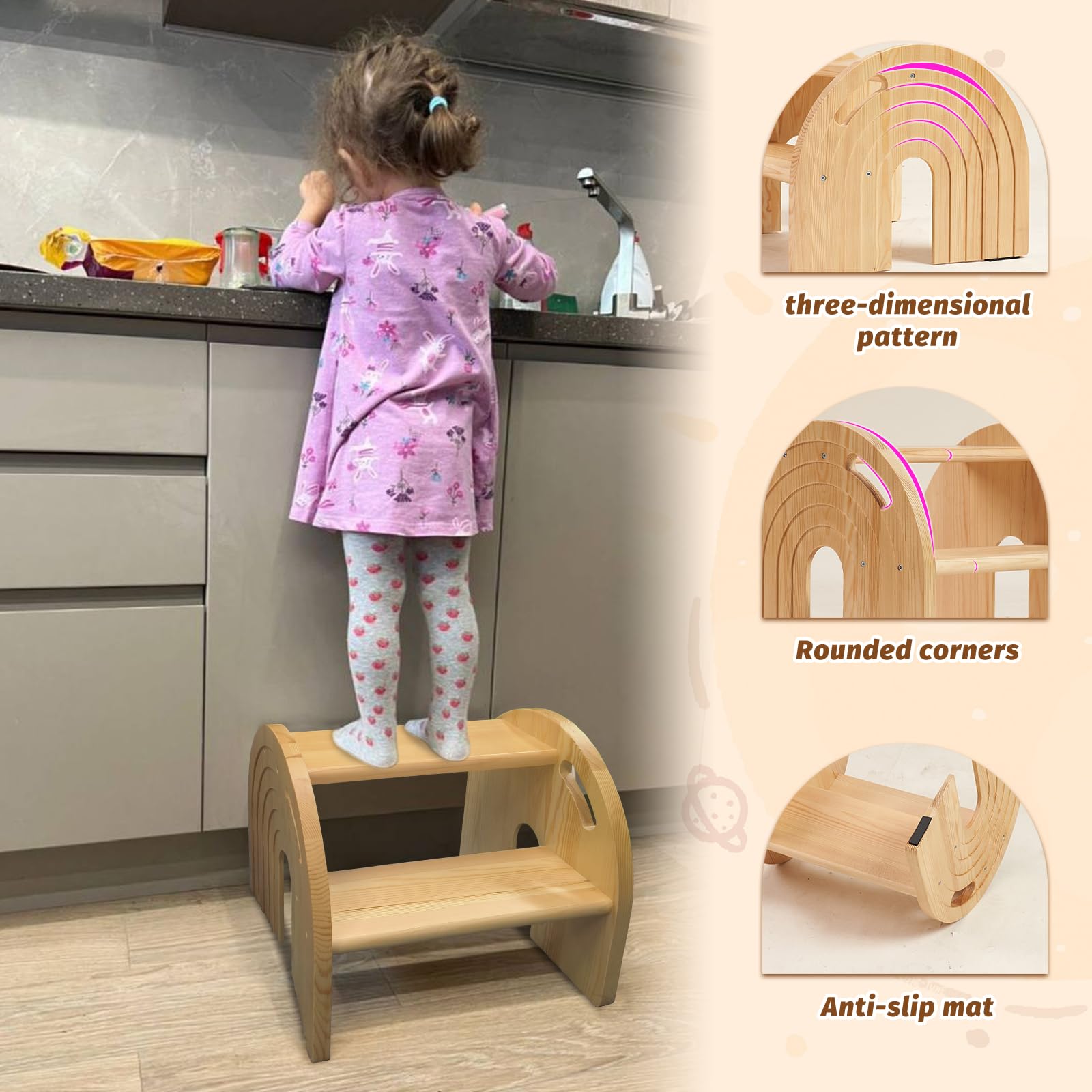 HAHASOLE Rainbow wooden step stool in bathroom use showing anti-slip features