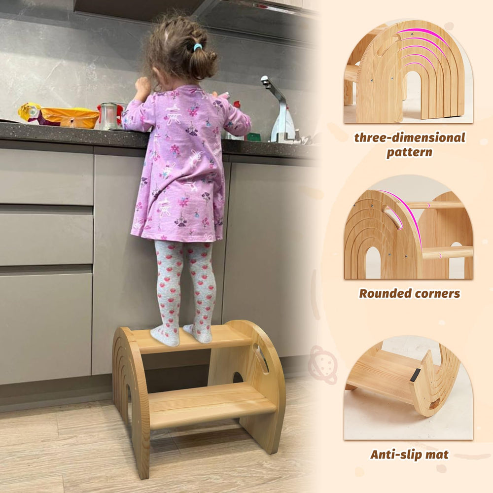 HAHASOLE Rainbow wooden step stool in bathroom use showing anti-slip features