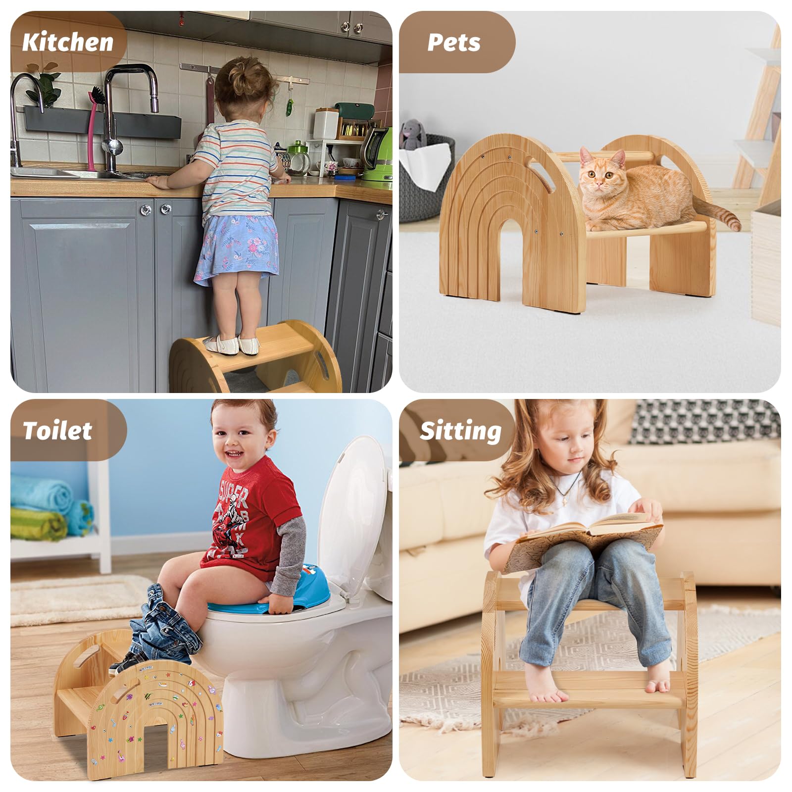 HAHASOLE Rainbow wooden step stool at kitchen sink enabling reach and independence