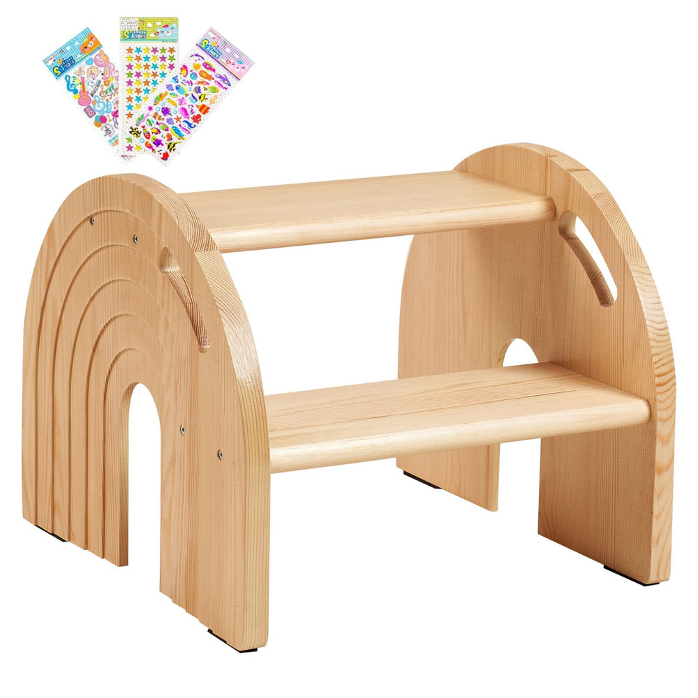 HAHASOLE Rainbow wooden step stool side view with sturdy pine construction for daily use