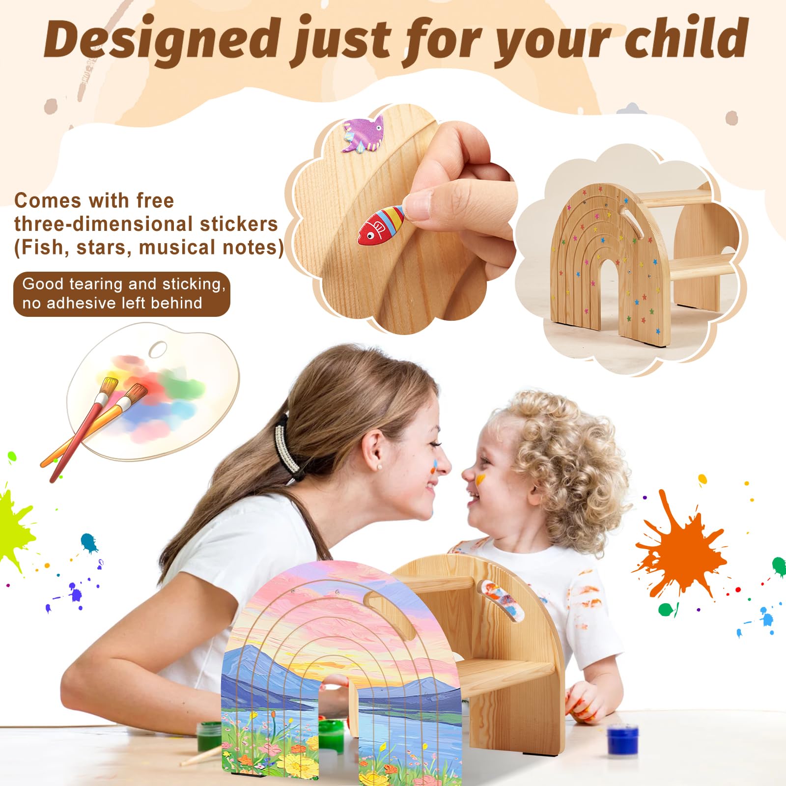 HAHASOLE Rainbow wooden step stool stickers for customization—fish, stars, notes