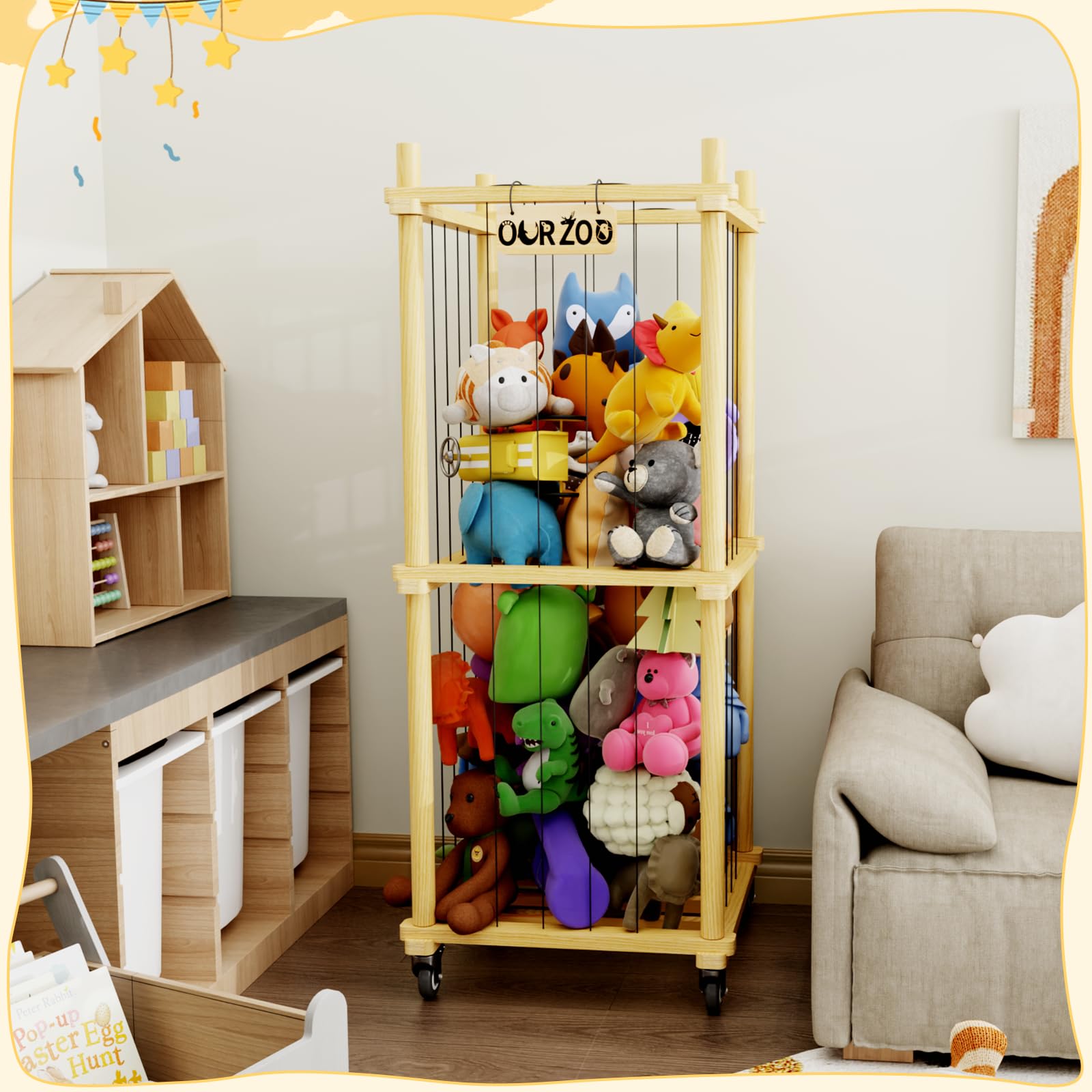 HAIDAIYA corner-efficient organizer keeps plushies accessible during imaginative play