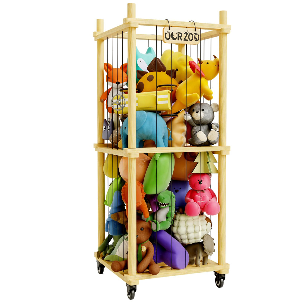 HAIDAIYA rolling wood-stuffed animal zoo cage side view for easy toy organization