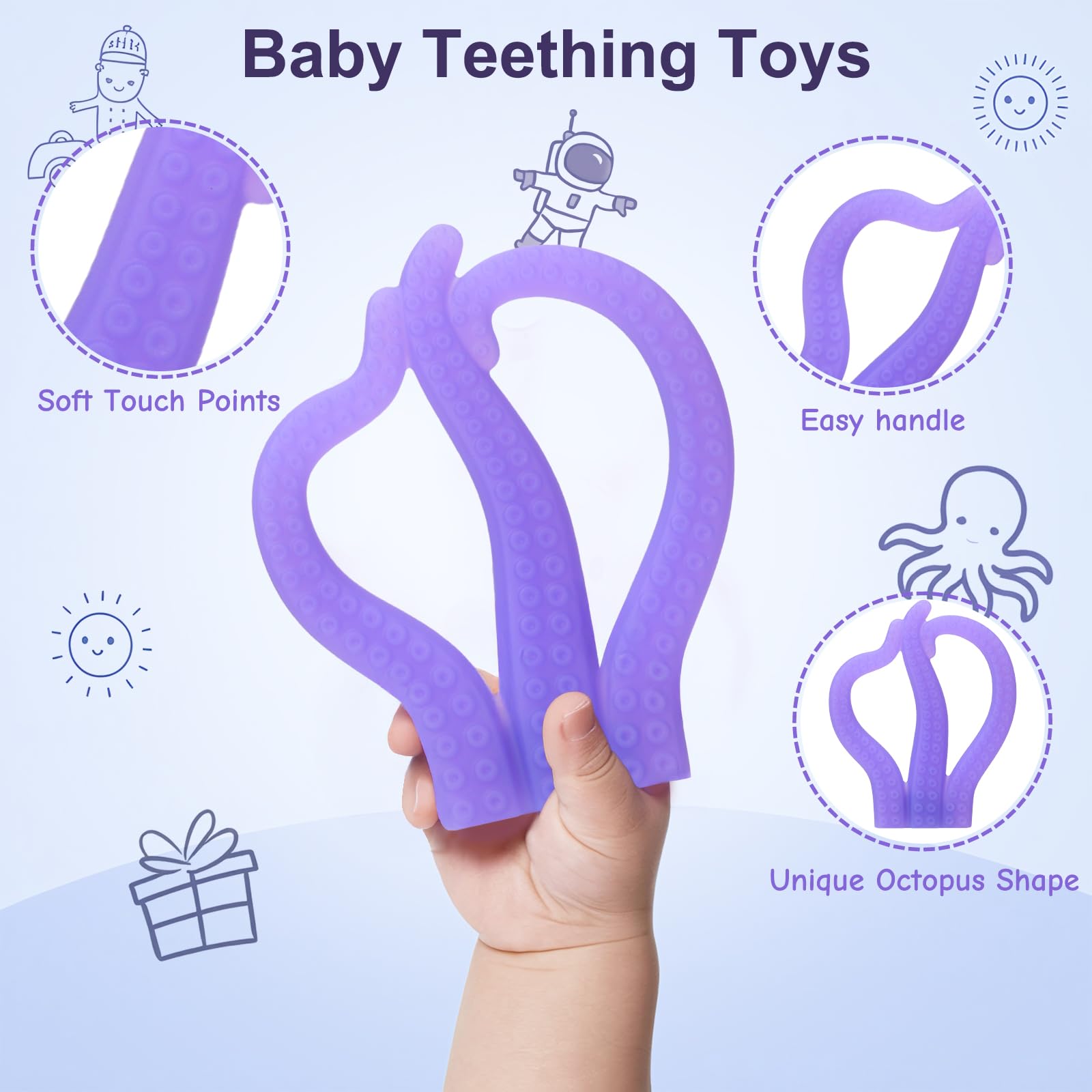 HAILI XMGQ Octopus Teether baby held to show easy grip for small hands.