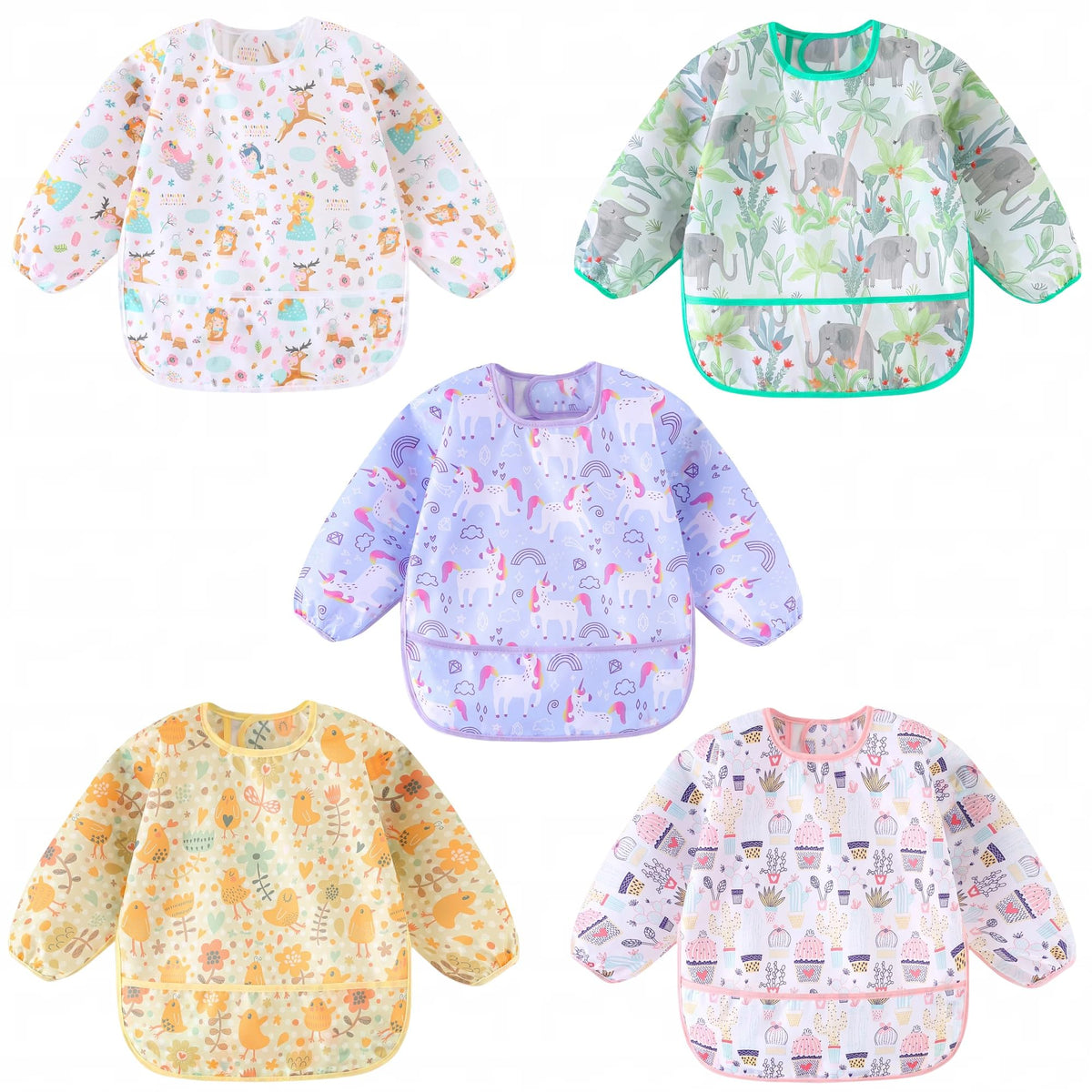 HaimoBurg long-sleeved bibs pack designs protect outfits during meals.