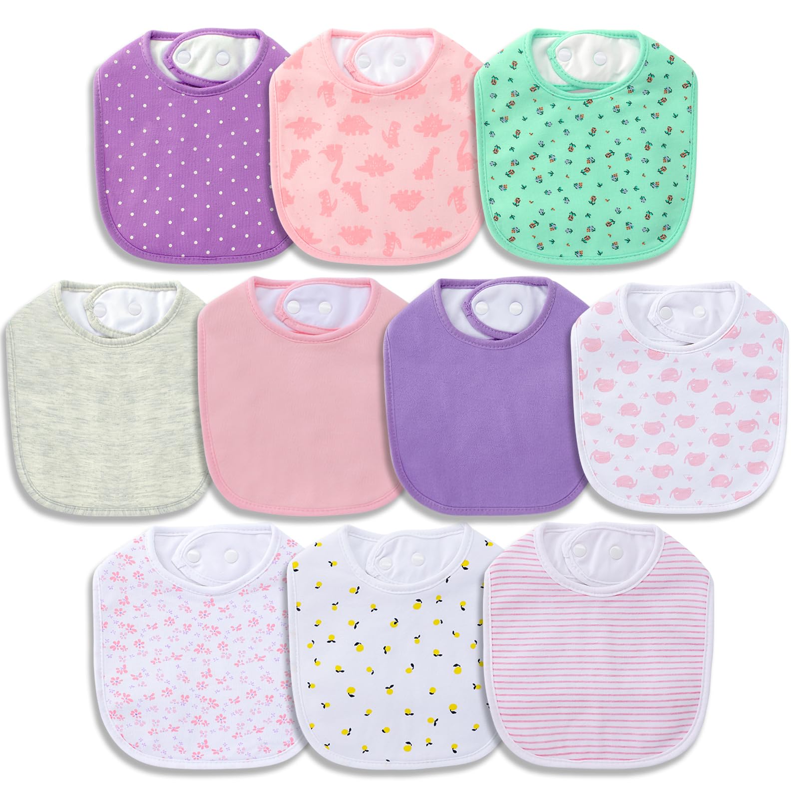 Hakochia bib front view highlighting soft organic cotton and waterproof protection for drool.