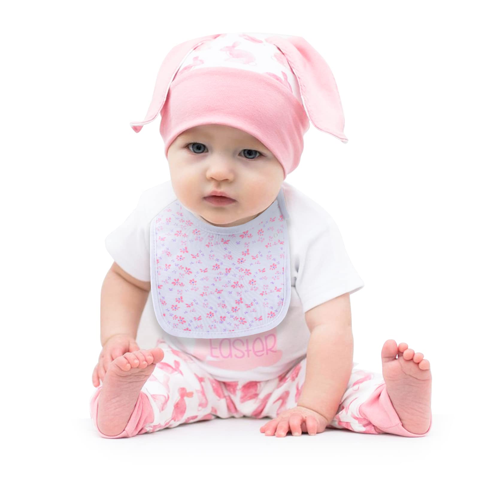 Hakochia bib laid flat to illustrate machine-washable care