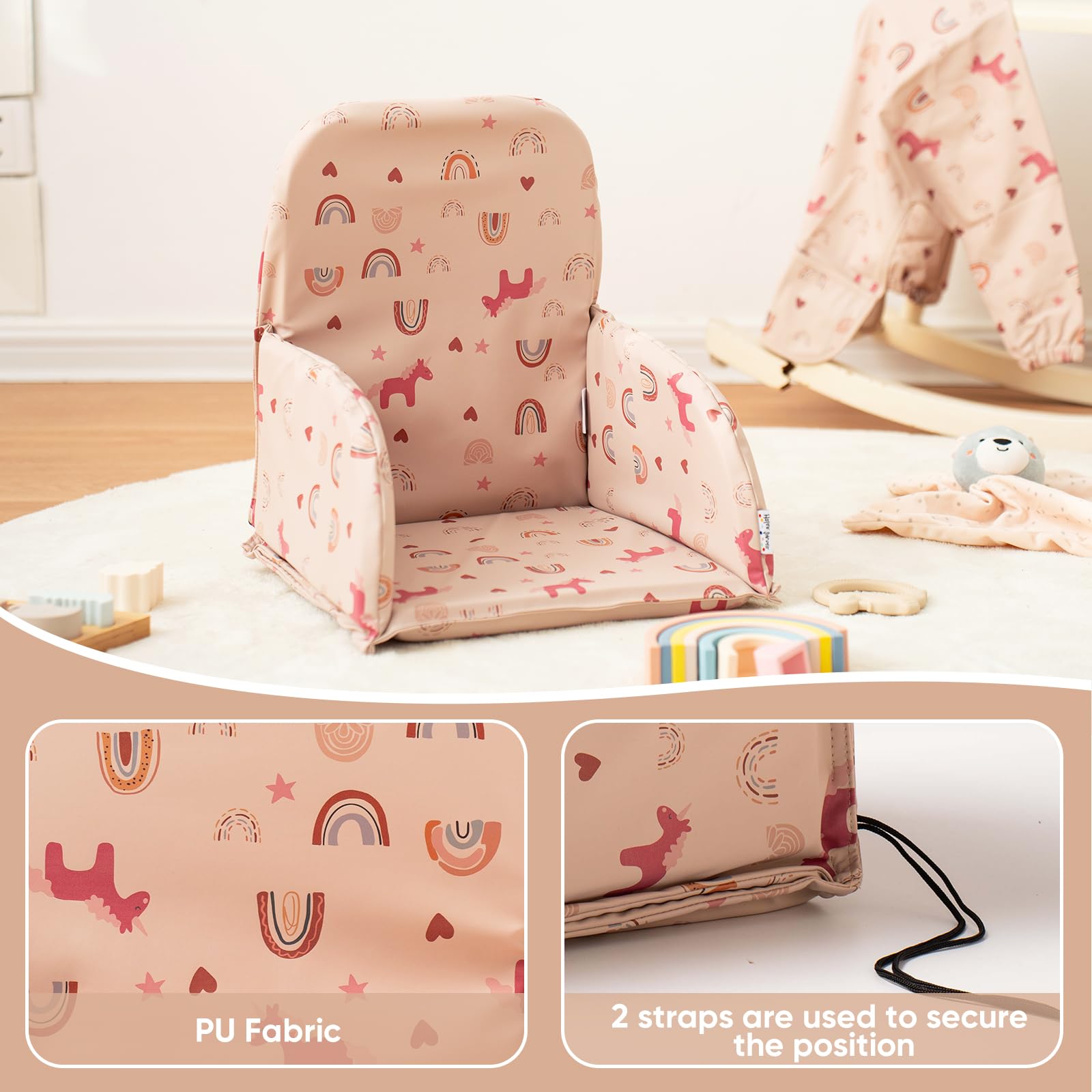 HALAA VAUVA high chair cover back view DJ Pink features easy wipe-clean PU surface.
