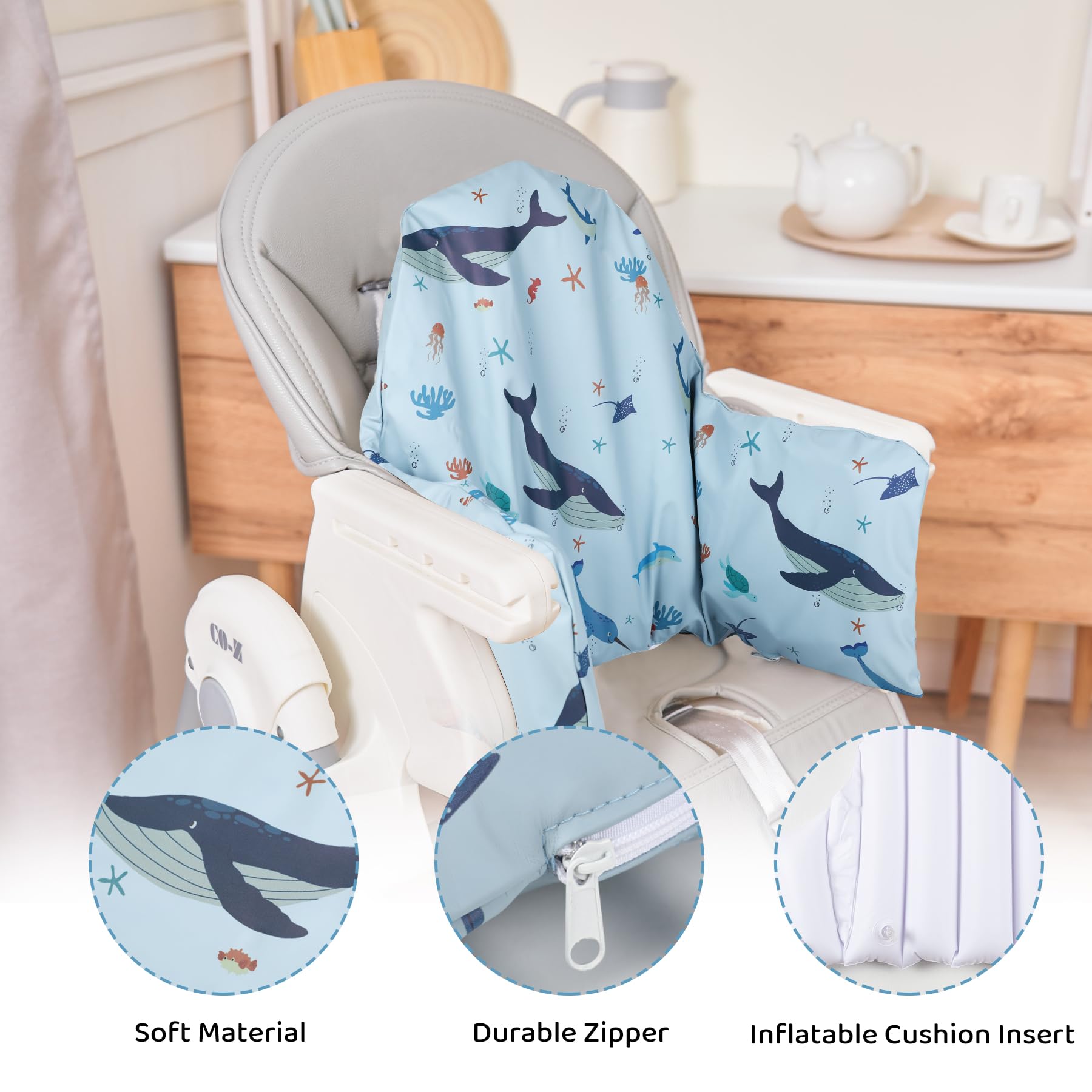 HALAA VAUVA cushion on chair demonstrates snug fit for standard high chairs.