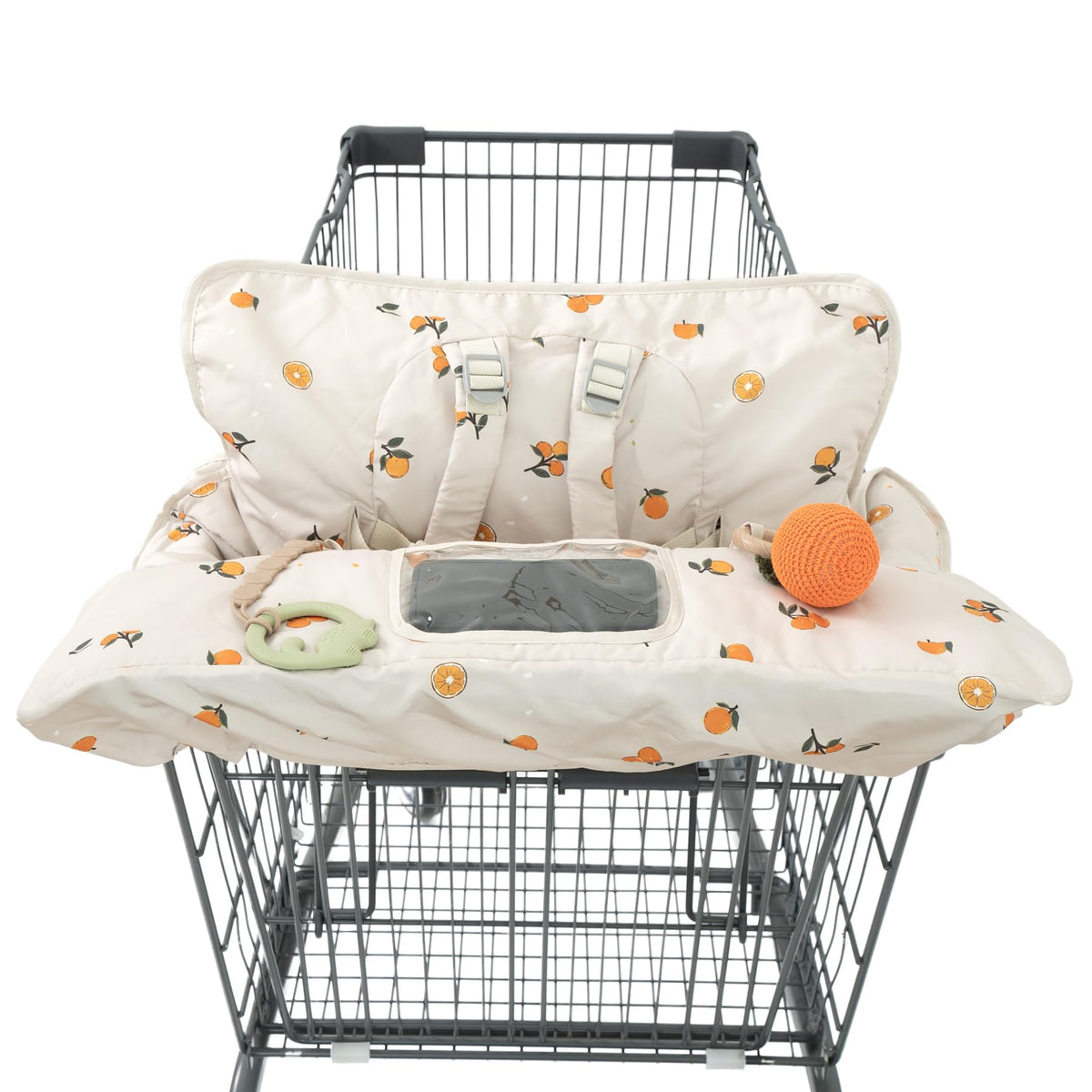 HALAA VAUVA shopping cart cover folds into a compact storage bag for easy travel.
