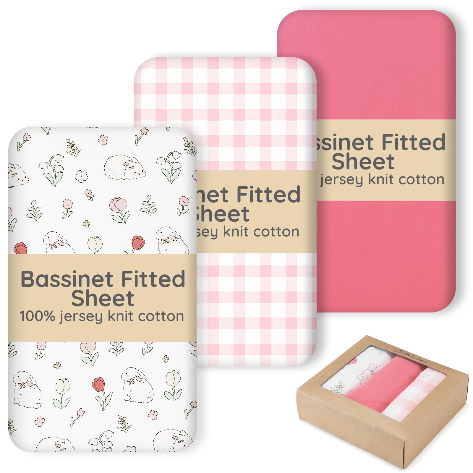 Haleeone pink bassinet sheets in a 3-pack with soft jersey cotton and breathable comfort.
