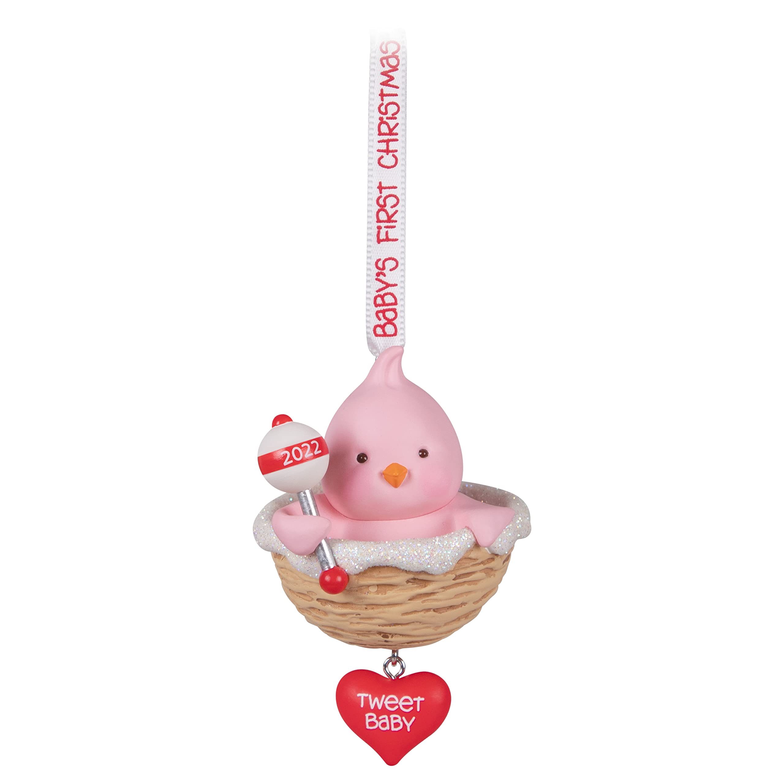 Hallmark Keepsake pink baby bird in a nest ornament captures a first Christmas memory.