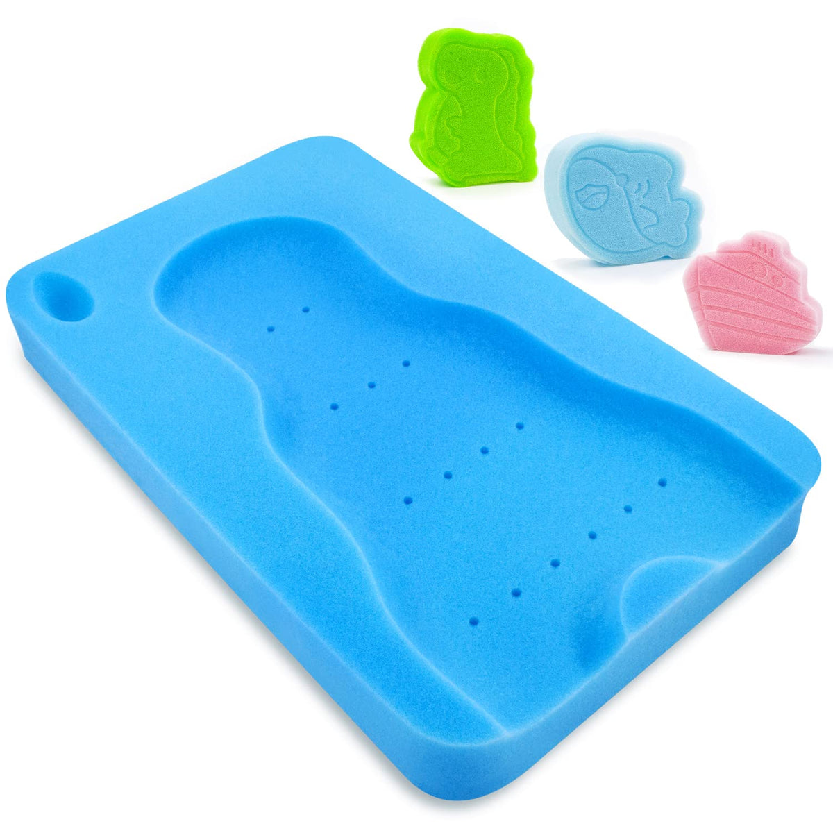 Hallo baby bath sponge blue closeup showing soft cushioning for newborn comfort.