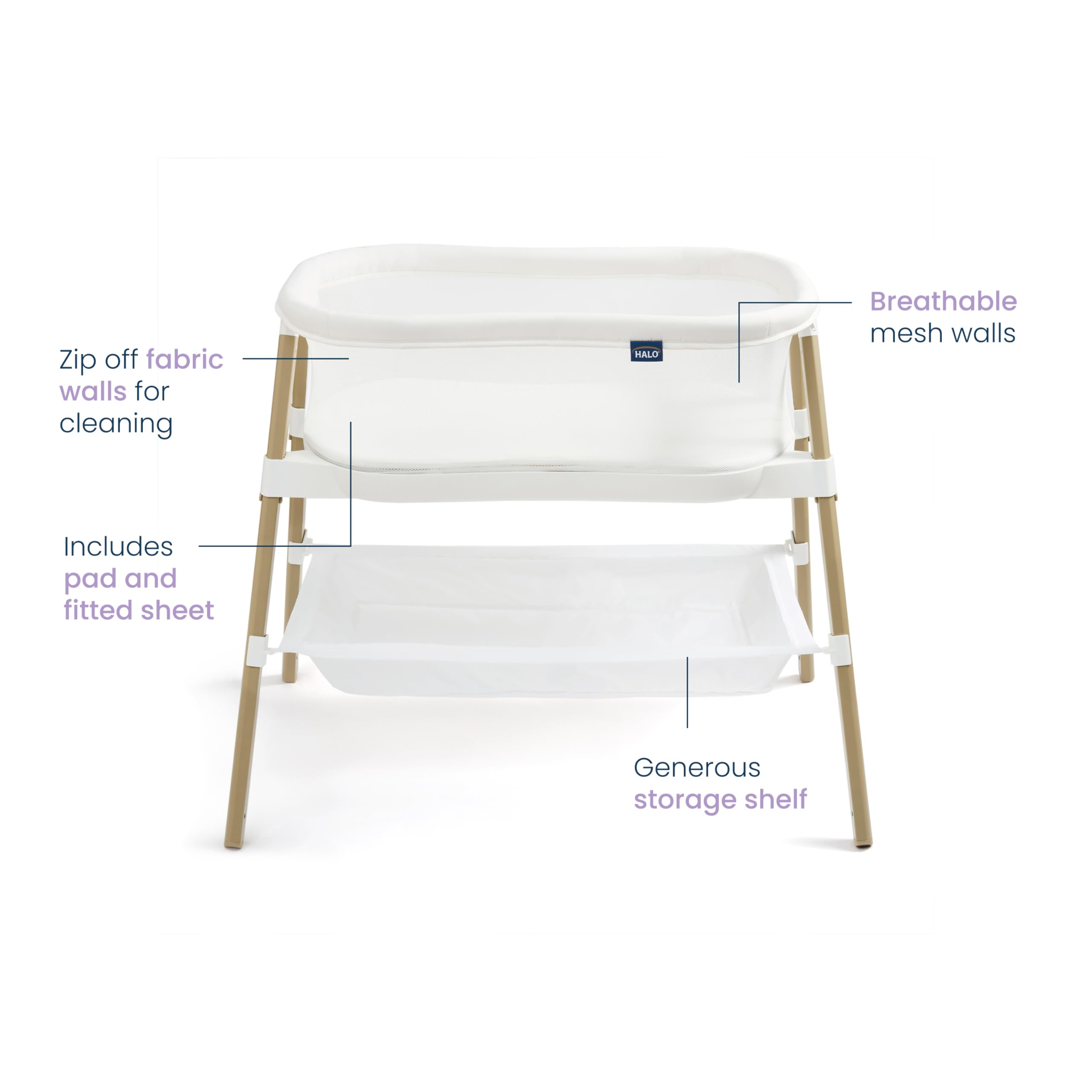 Halo BassiNest Essential Sleeper side-view highlighting portable bedside setup.