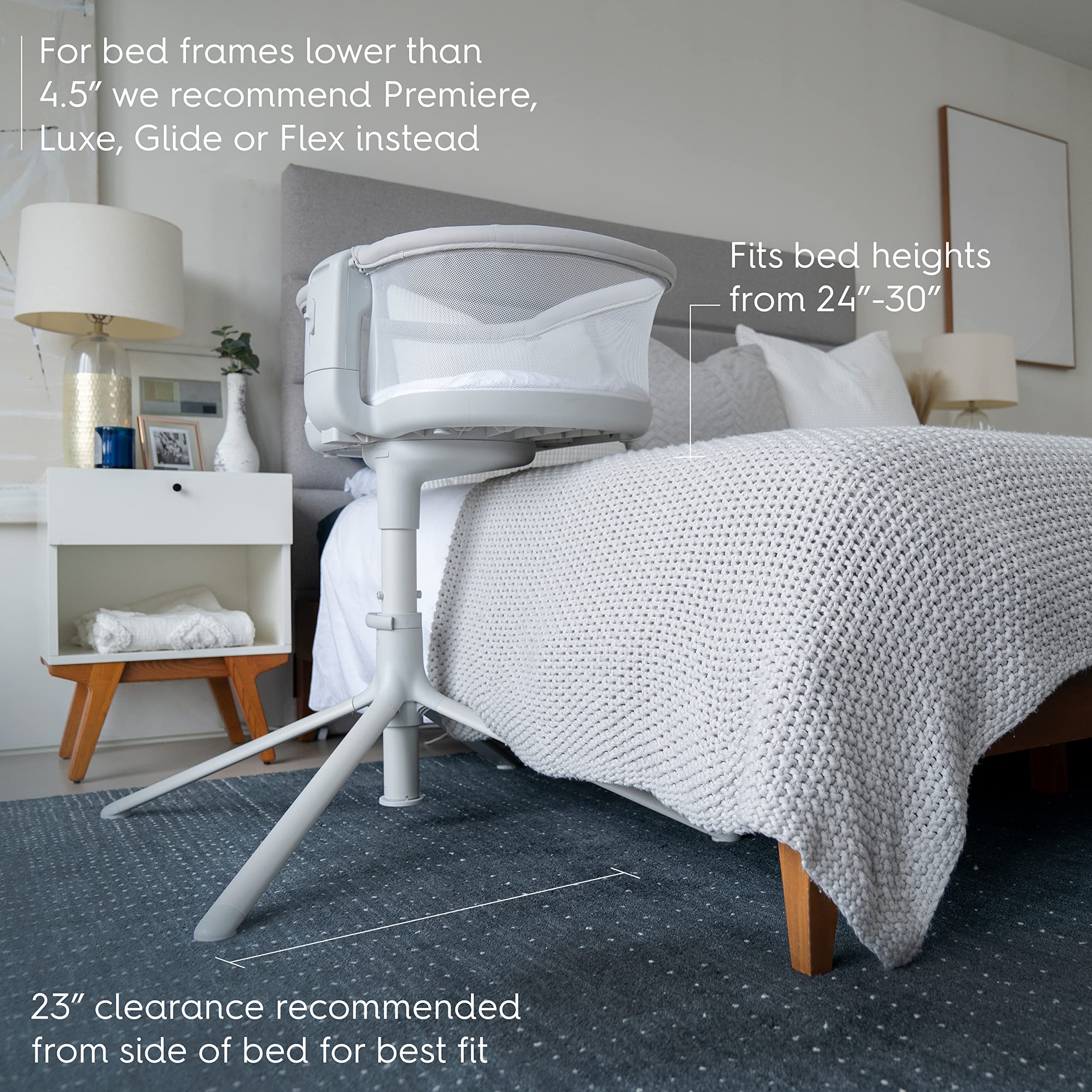 HALO BassiNest height-adjustable design fits most beds for comfortable nighttime access.