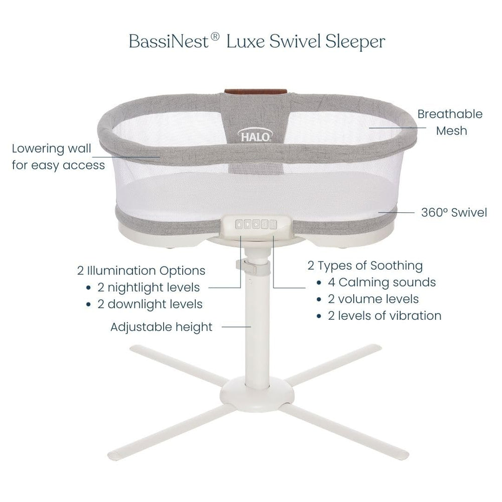 Halo BassiNest Luxe fabric mesh walls prioritize airflow while keeping baby visible.