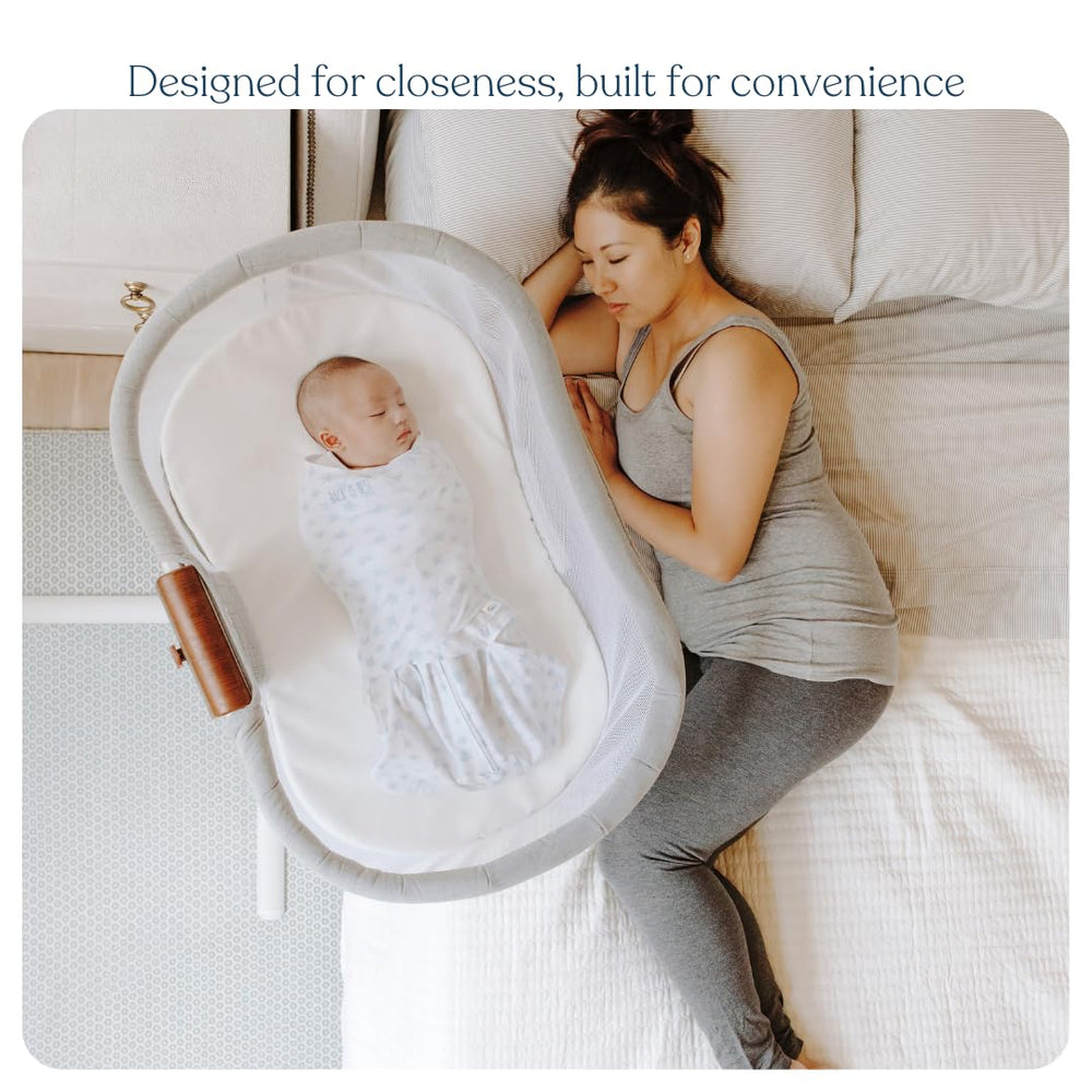 Halo BassiNest Luxe vibrations and white noise soothe gently as baby settles.