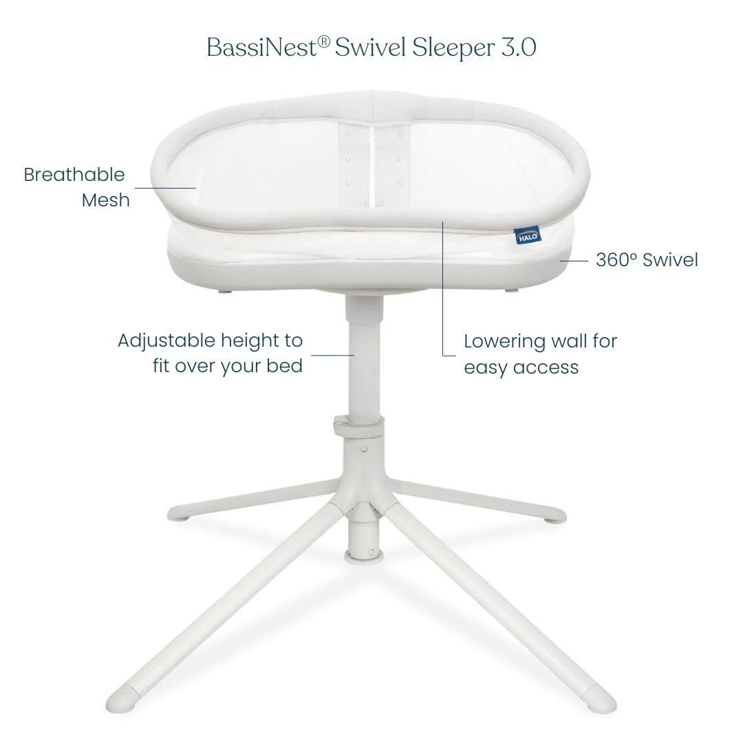 HALO BassiNest Swivel Sleeper 3.0 demonstrates 360 rotation for easy alignment beside the bed.