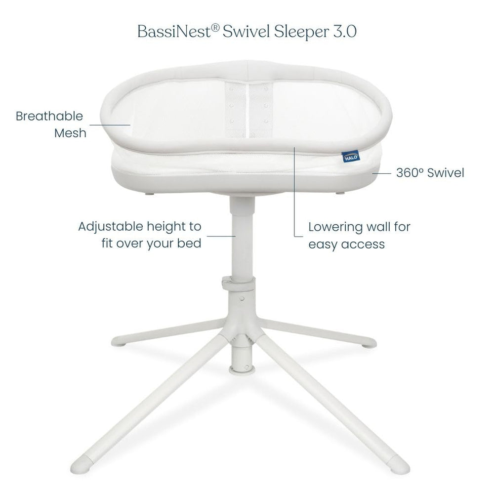 HALO BassiNest Swivel Sleeper 3.0 demonstrates 360 rotation for easy alignment beside the bed.