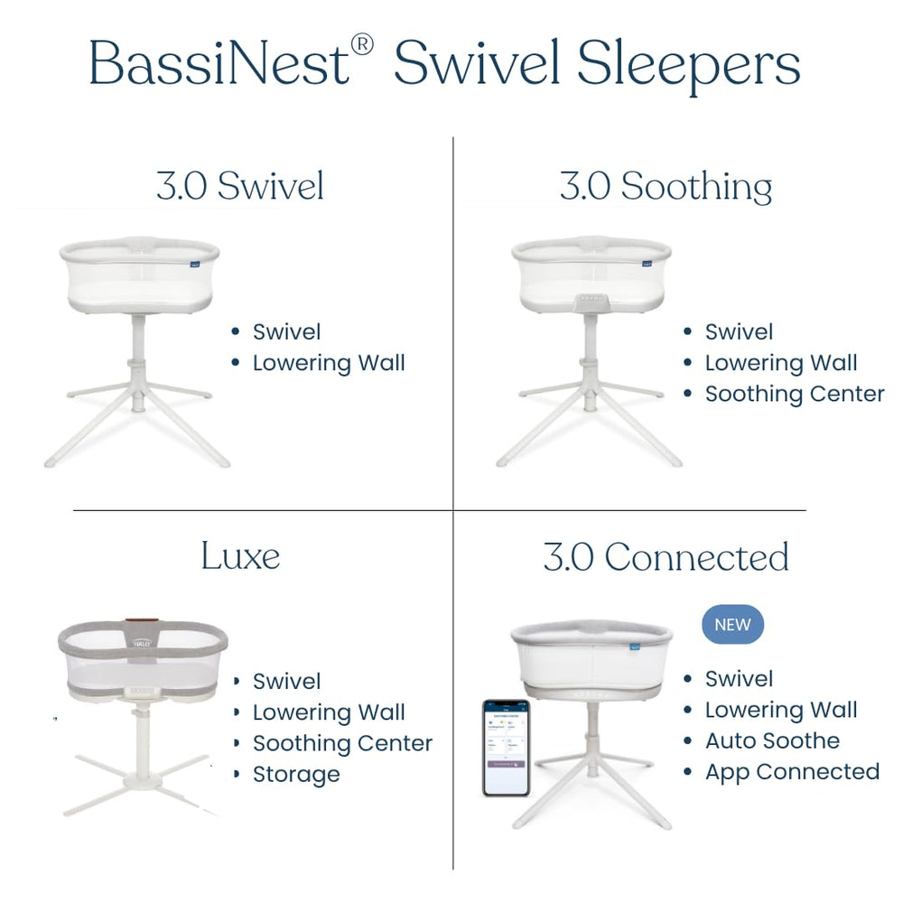 HALO BassiNest vibrations and sounds offer soothing options for baby settling.