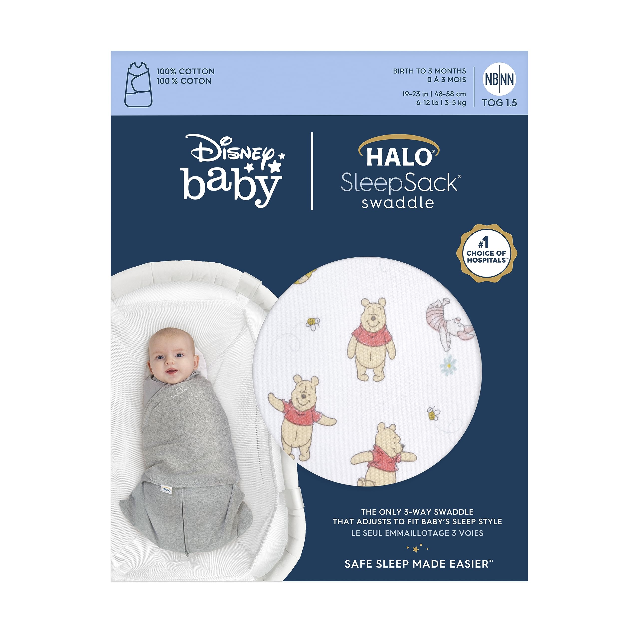 HALO Disney Winnie Rainbows sleepsack arms-adjustment shows 3-way fit for baby self-soothing.