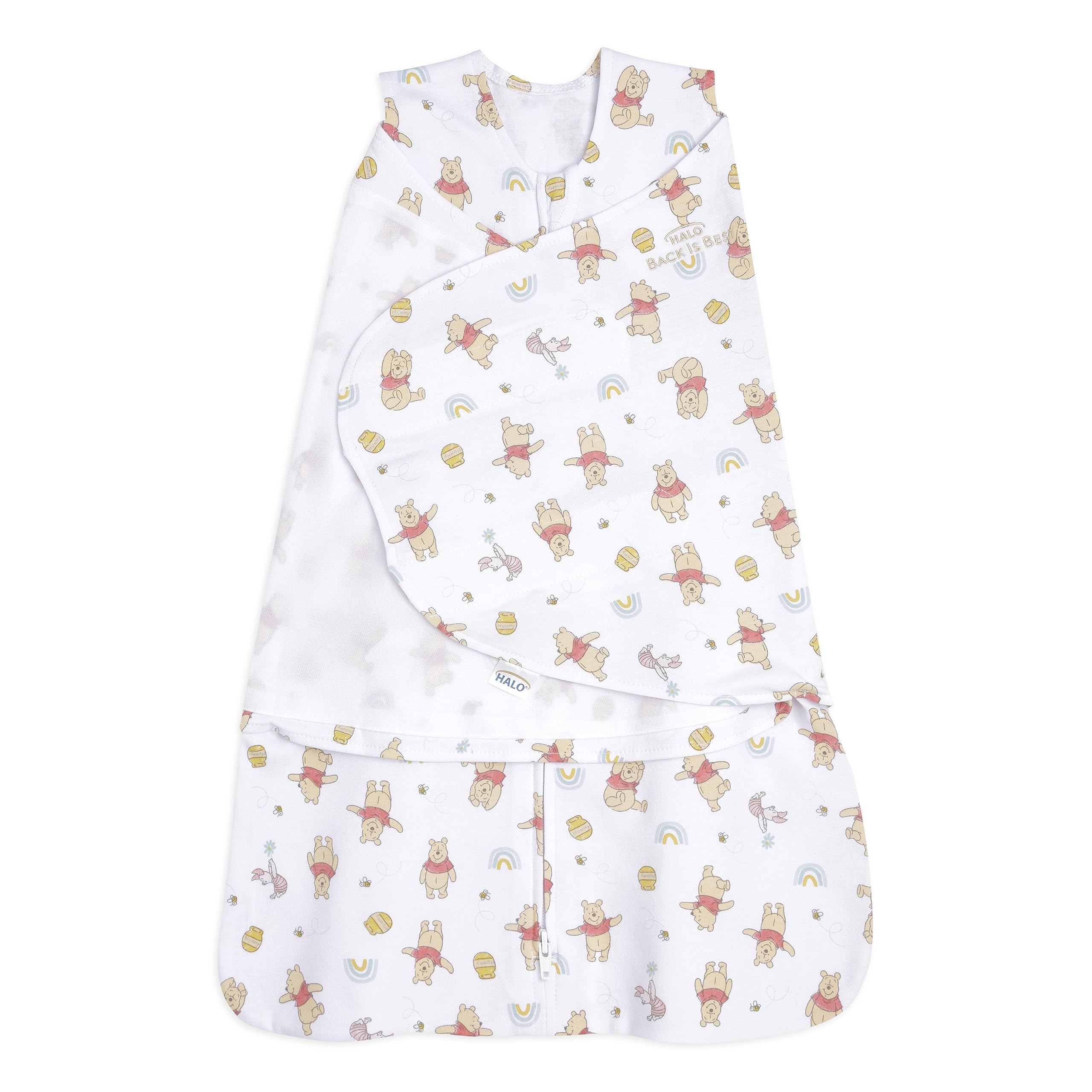 HALO Disney Winnie Rainbows Sleepsack front view promotes secure sleep and cozy swaddling.