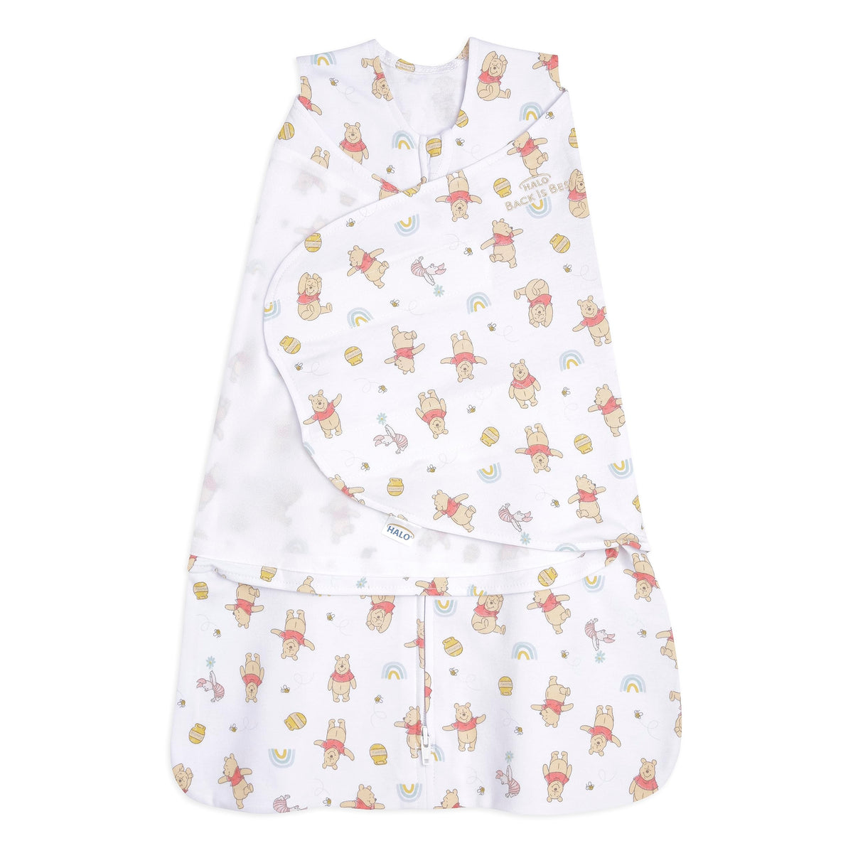 HALO Disney Winnie Rainbows Sleepsack front view promotes secure sleep and cozy swaddling.