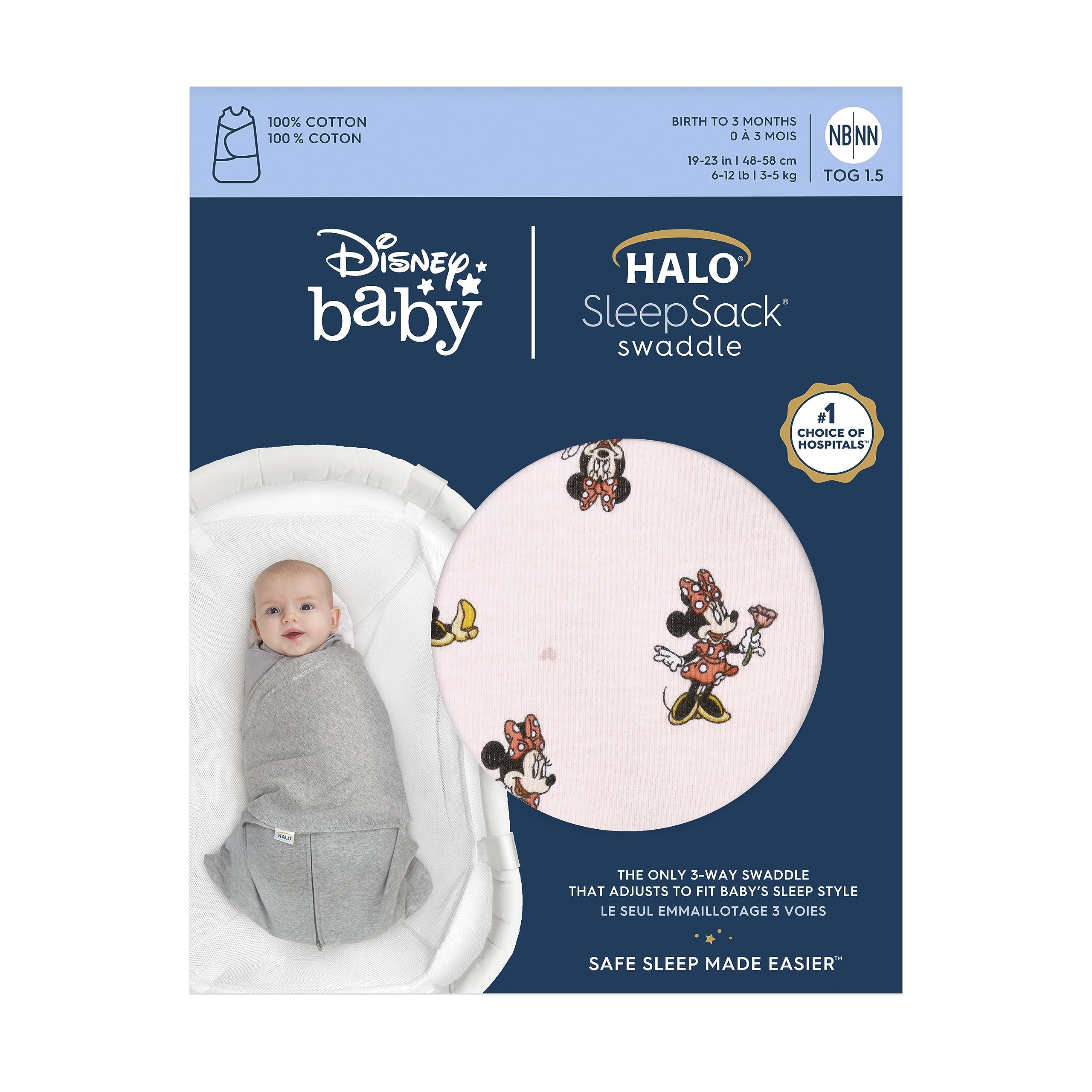 HALO Minnie Fun 3-way adjustment demonstrates versatile swaddle options for newborn soothing.