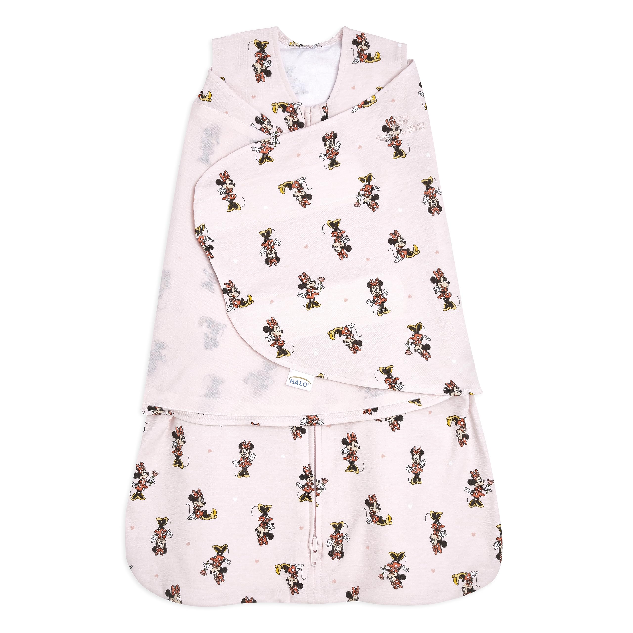 HALO Minnie Fun sleepsack swaddle closeup emphasizes cozy cotton comfort and secure fit.