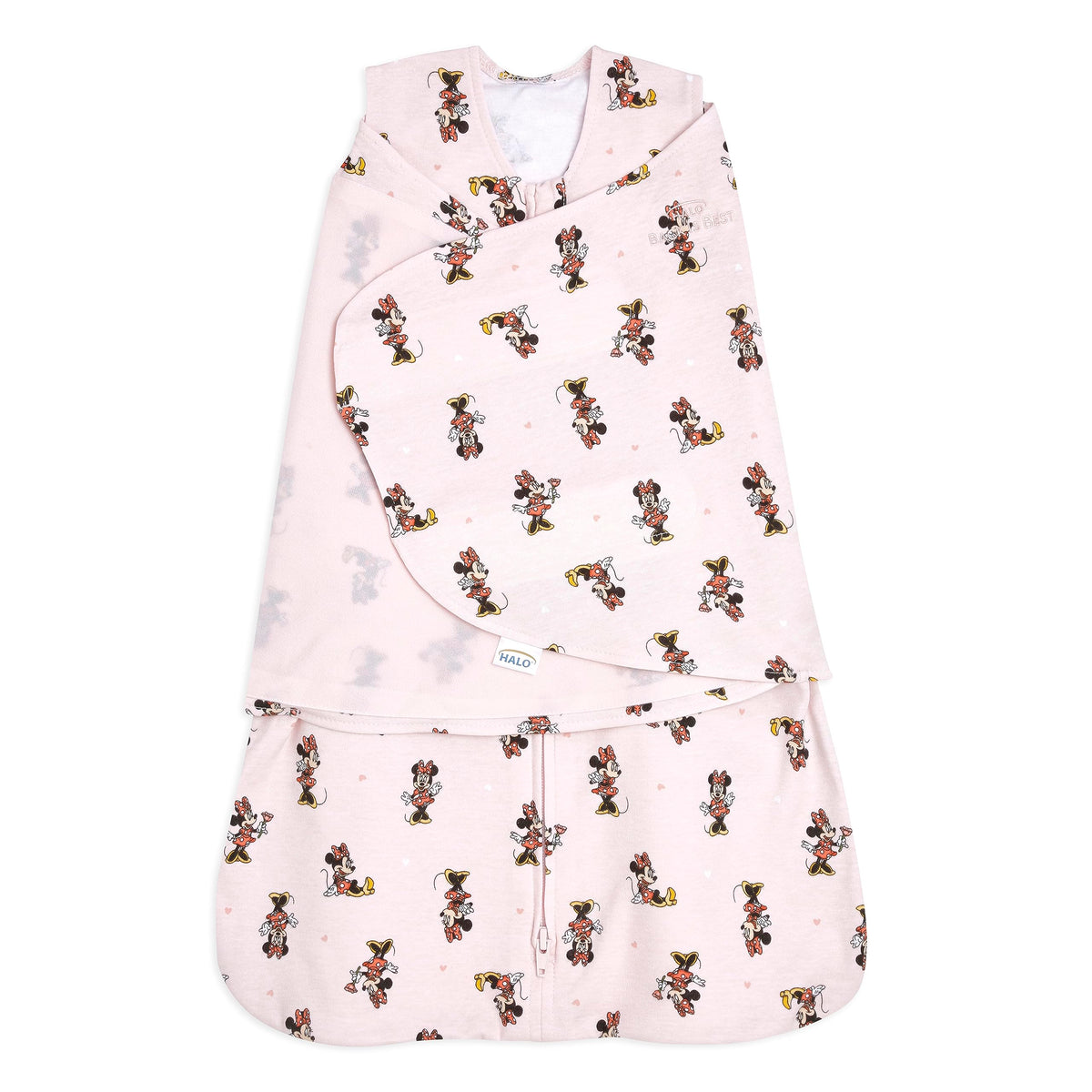 HALO Minnie Fun sleepsack swaddle closeup emphasizes cozy cotton comfort and secure fit.