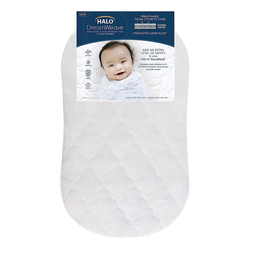 HALO DreamWeave BassiNest pad cover closeup showing breathable weave for cooler sleep