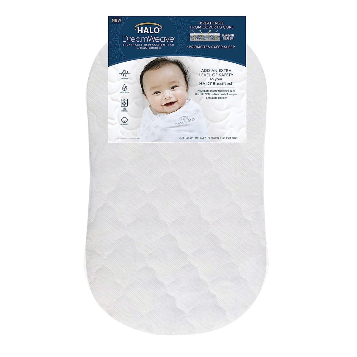 HALO DreamWeave BassiNest pad cover closeup showing breathable weave for cooler sleep