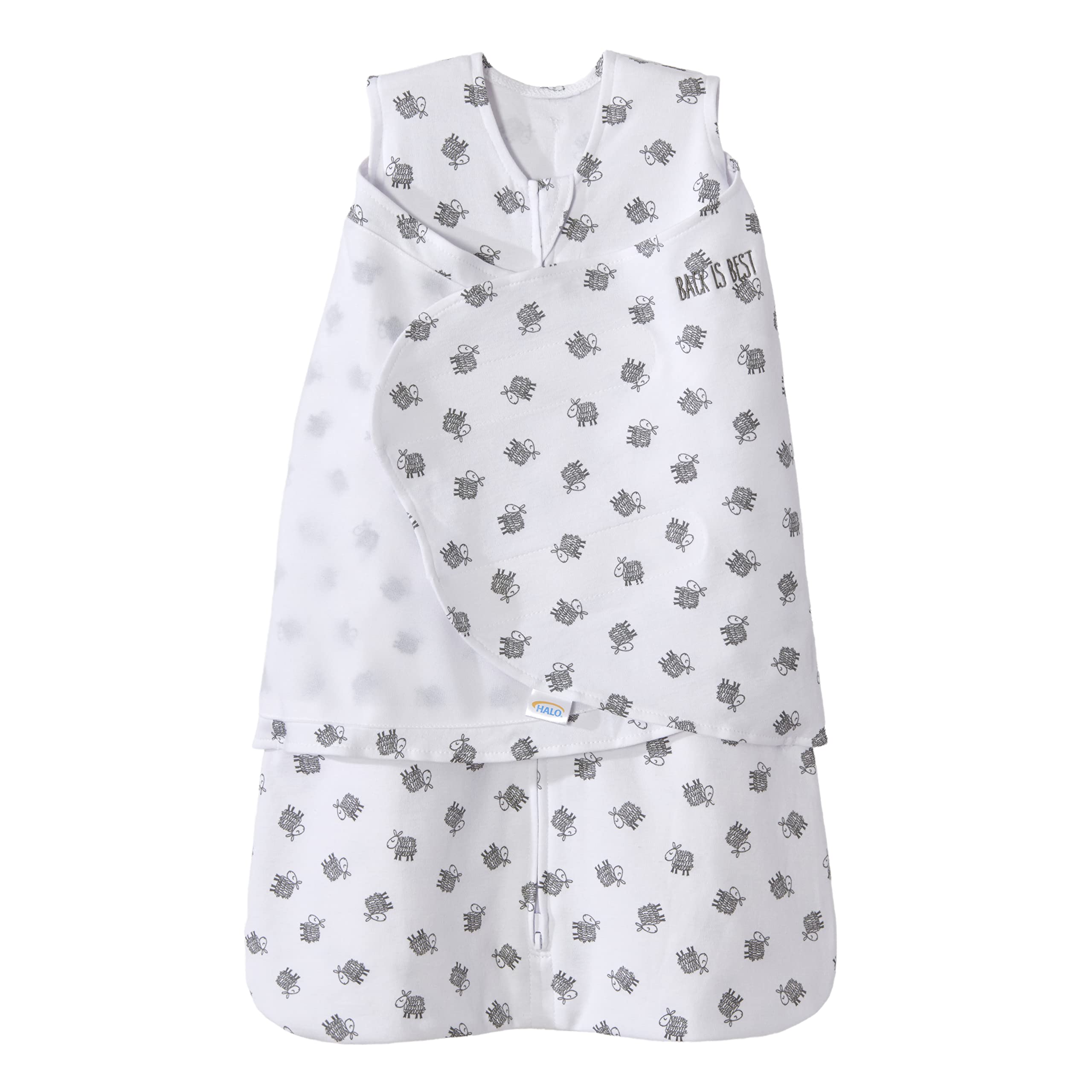 Halo Lamb Scribble White Sleepsack Swaddle front view shows soft cotton comfort for safer sleep