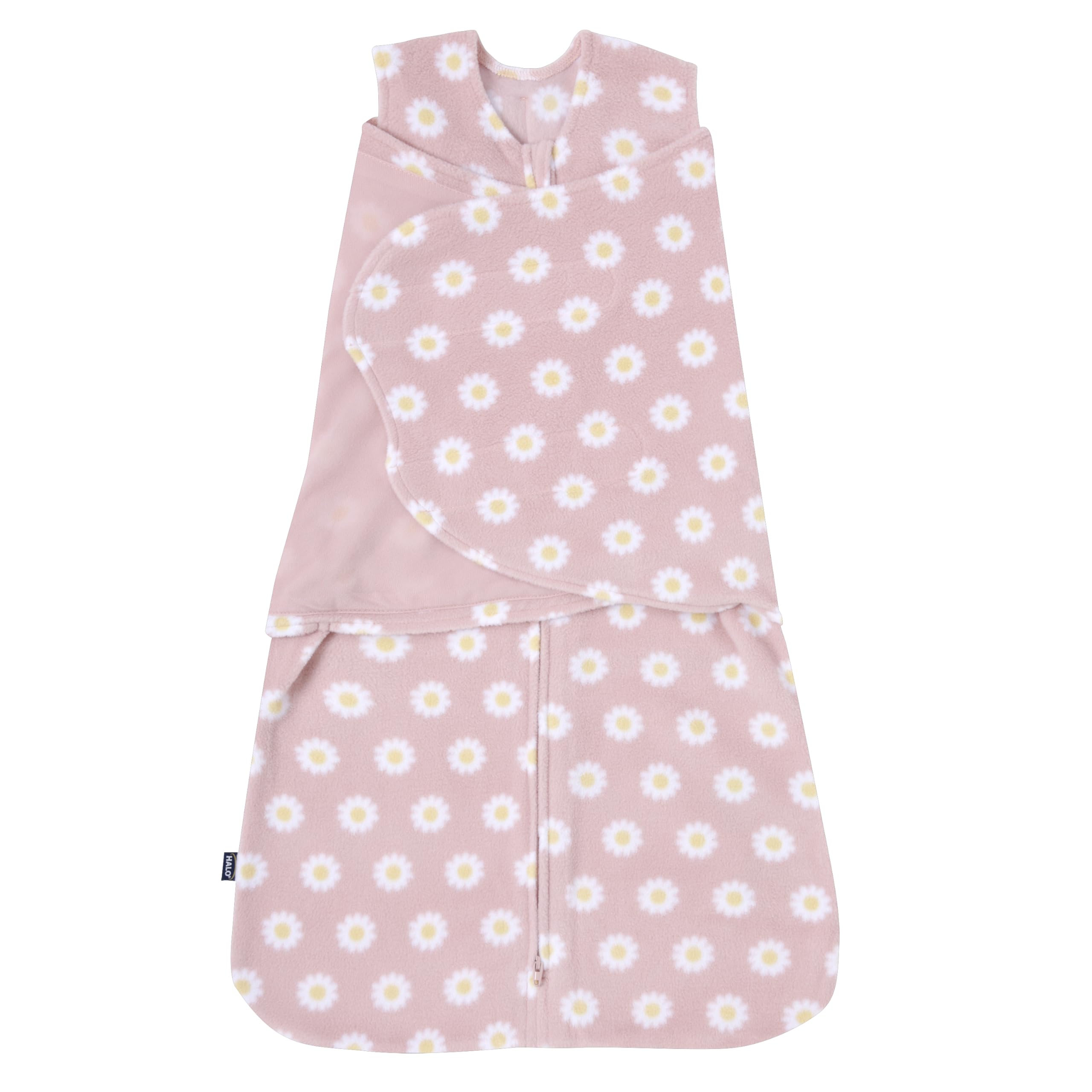 HALO microfleece sleepsack daisy arm-in shows secure swaddle for safer sleep