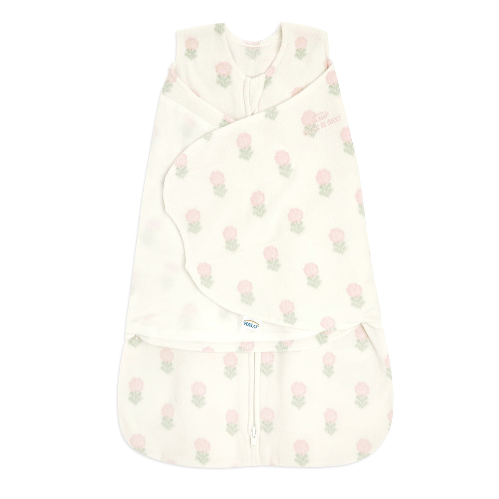 HALO Micro-Fleece Sleepsack Swaddle front closure keeps baby snug for safer sleep