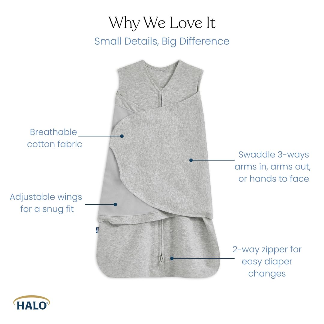 HALO Sleepsack 3-Way Adjustable Arms allows flexible swaddling options.
