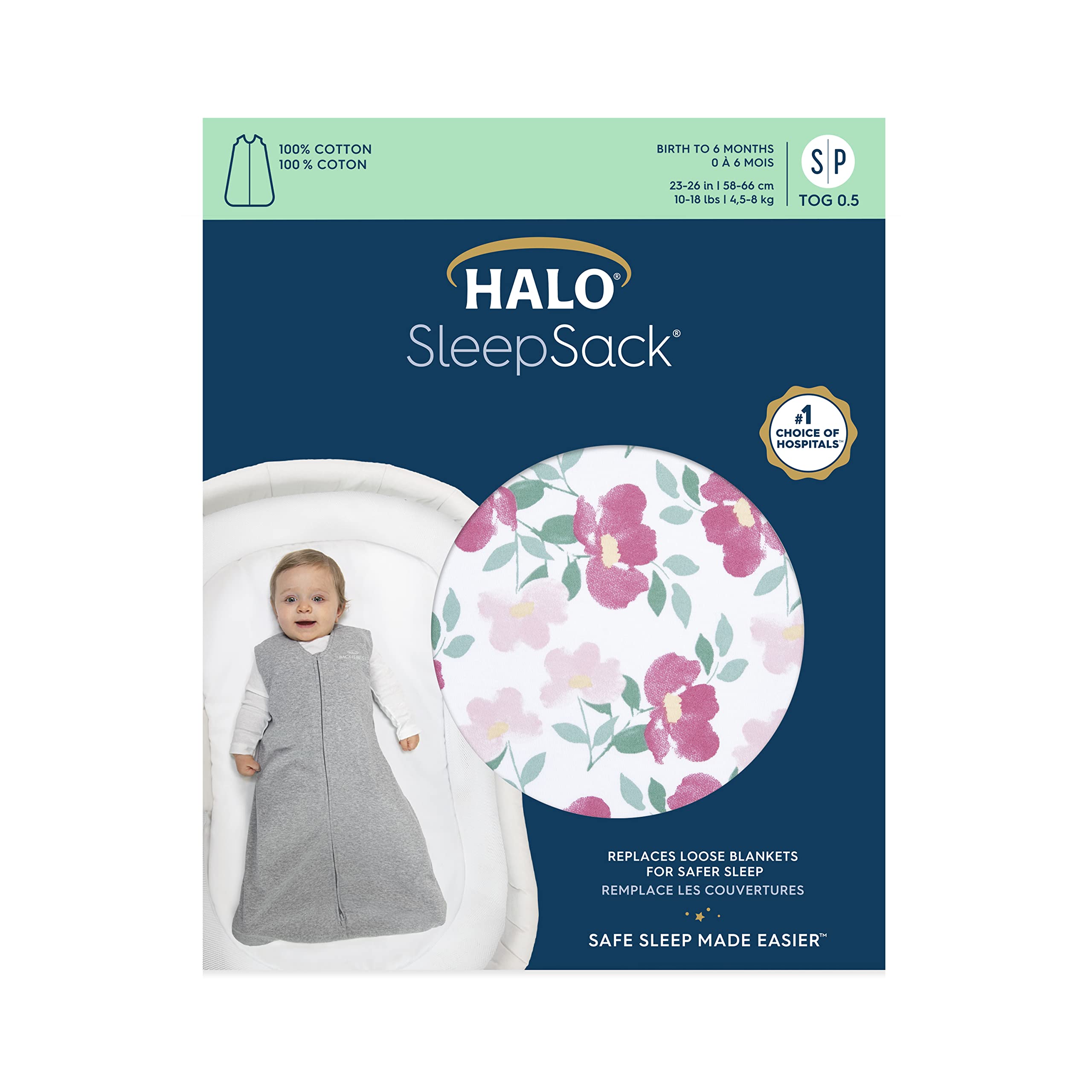 HALO SleepSack worn by baby in stems print for secure sleep