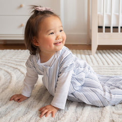 Halo SleepSack blue stripe bottom zipper close-up for diaper changes