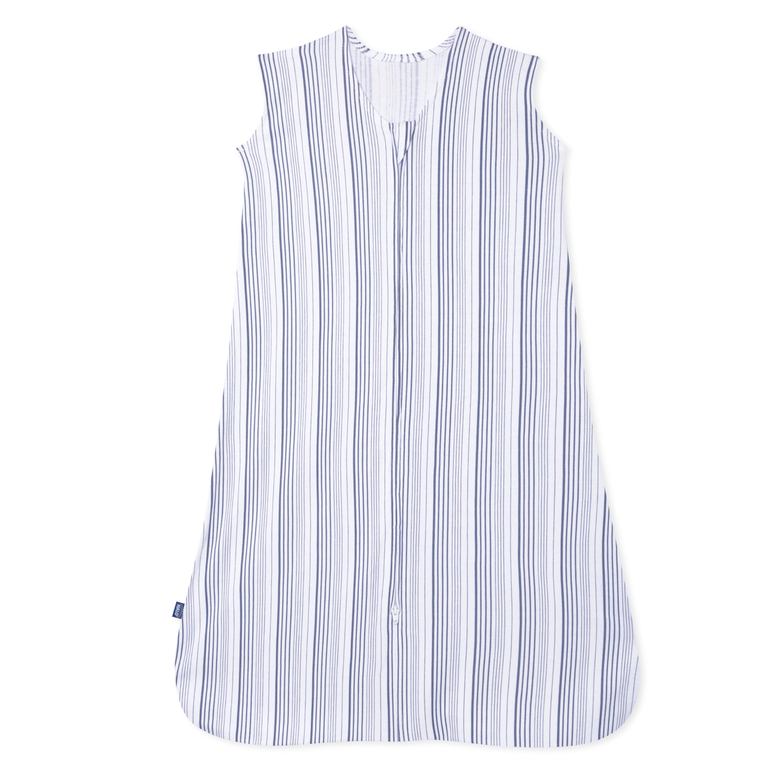 HALO SleepSack blue stripe full view shows a cozy wearable blanket for safe sleep.