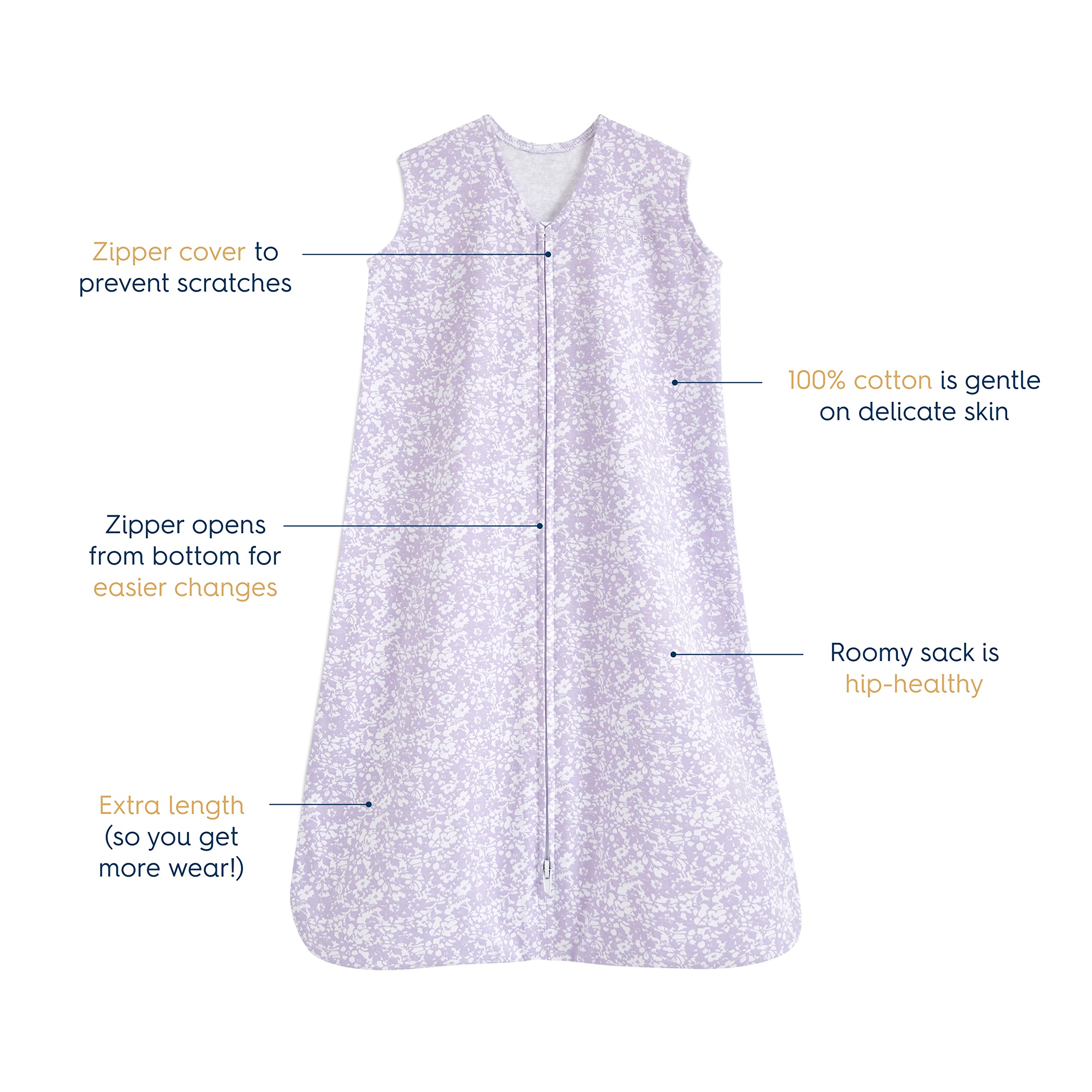 HALO SleepSack bottom zipper enables easy diaper changes while keeping baby snug.