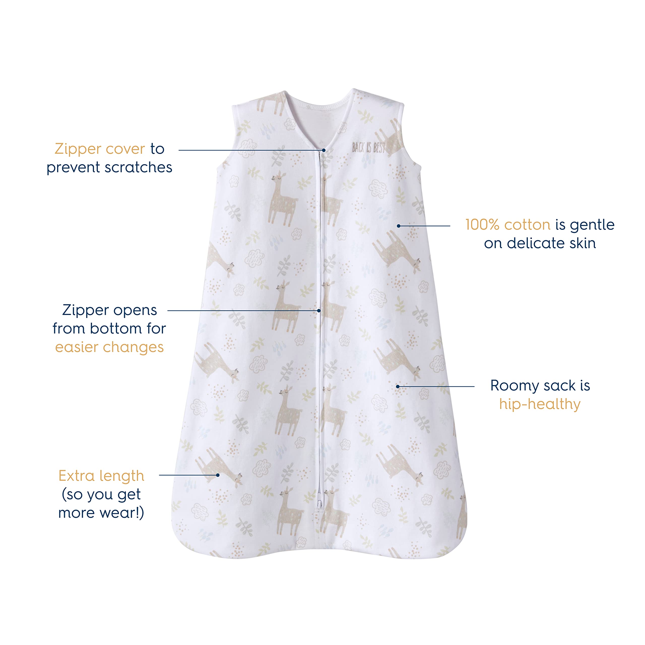 HALO SleepSack bottom zipper enables easy diaper changes and quick access