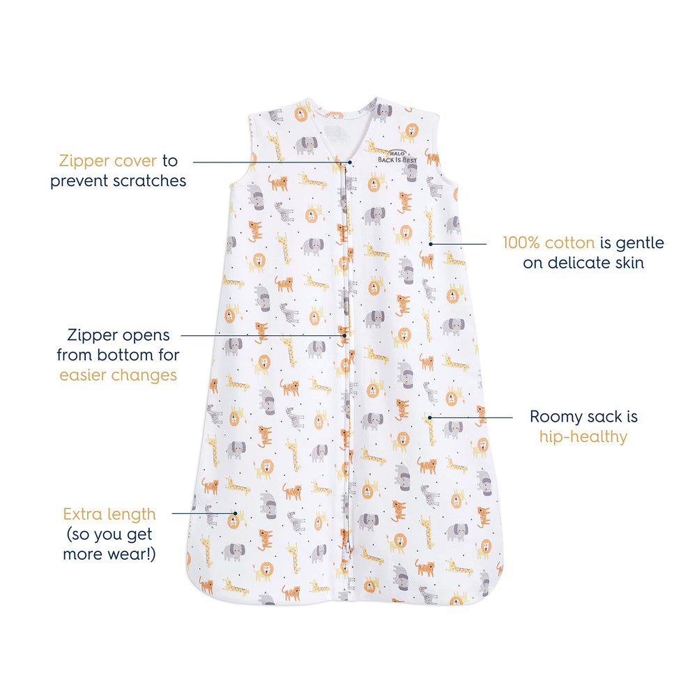 HALO SleepSack Jungle Cotton bottom zipper enables quick diaper changes.