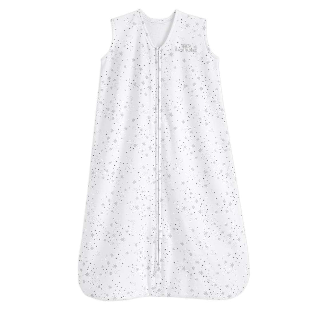 HALO SleepSack Midnight Moons grey worn as a wearable blanket for safe sleep.