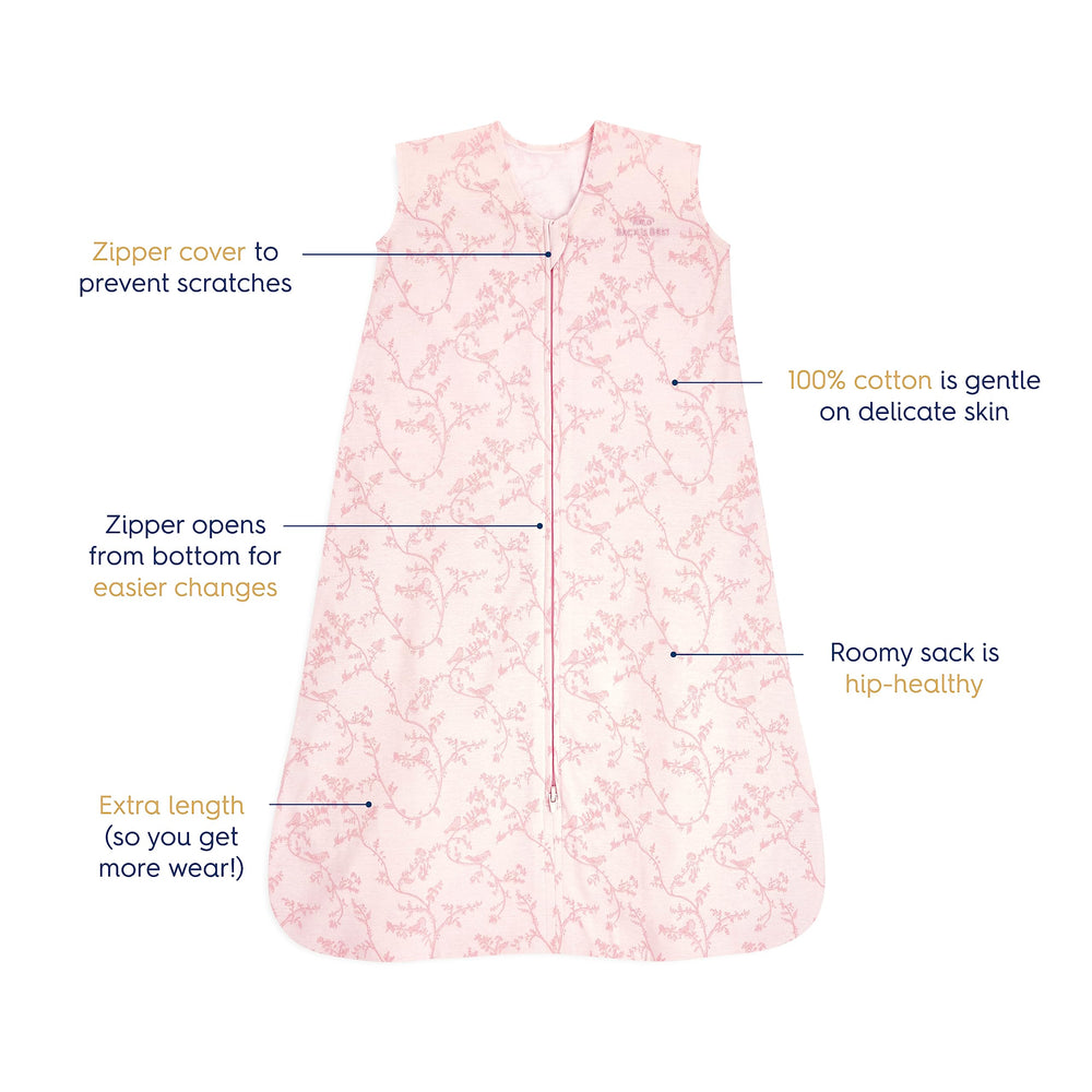 HALO SleepSack pink toile fabric detail highlights breathable 100 cotton comfort.