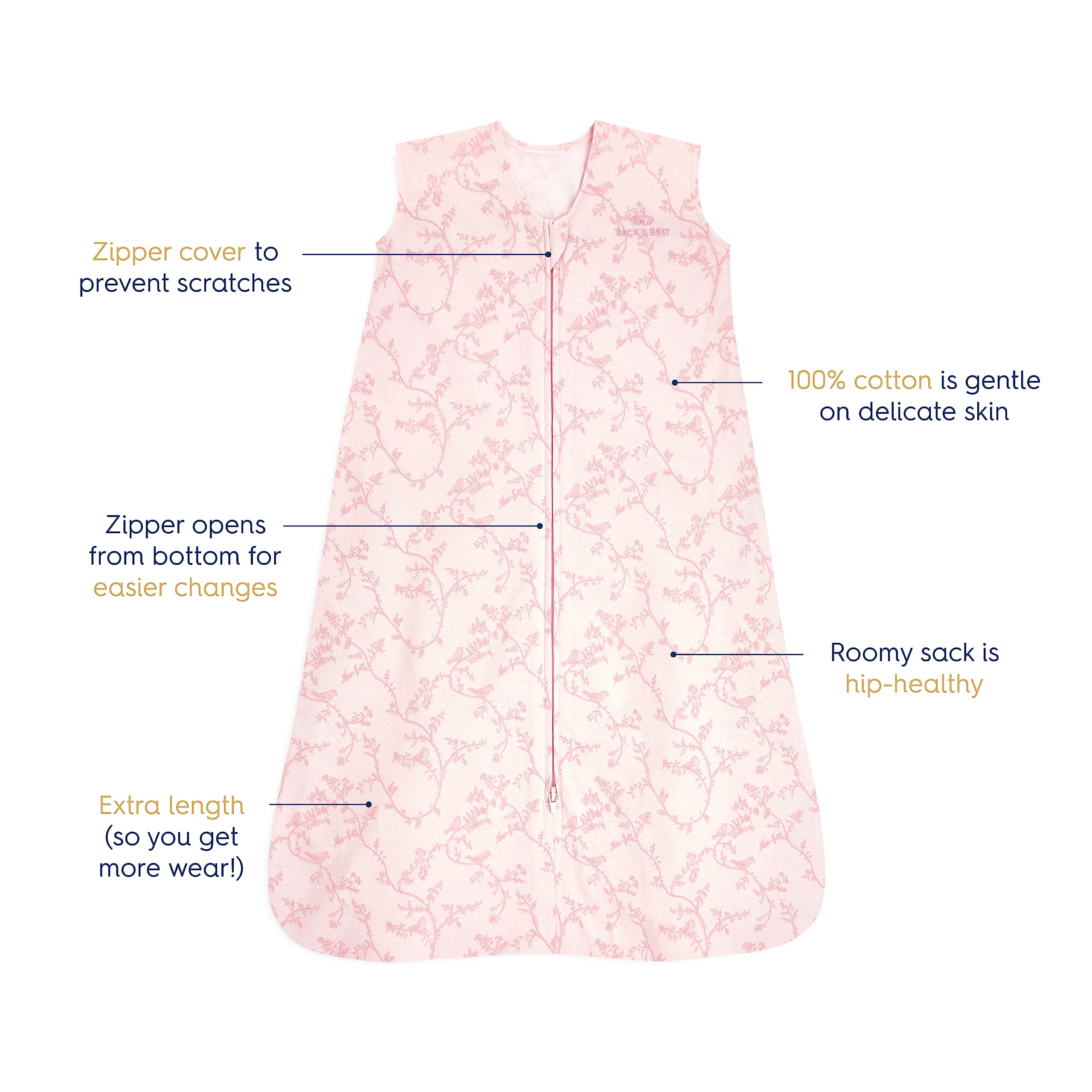 HALO SleepSack pink toile hip-healthy design supports healthy hip positioning.