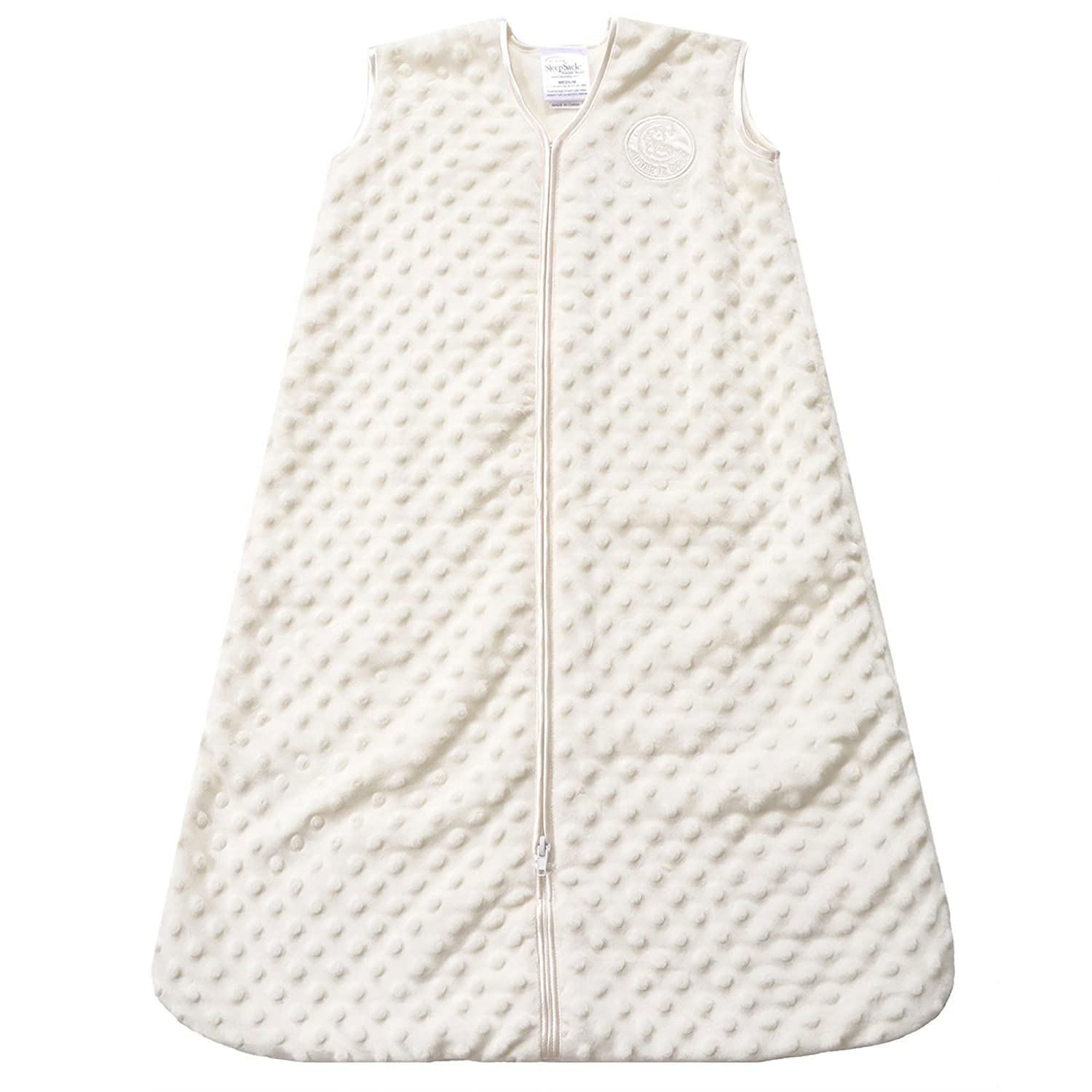 HALO Sleepsack Plush Dot Velboa Cream Medium supports hip-friendly sleep with easy diaper changes.