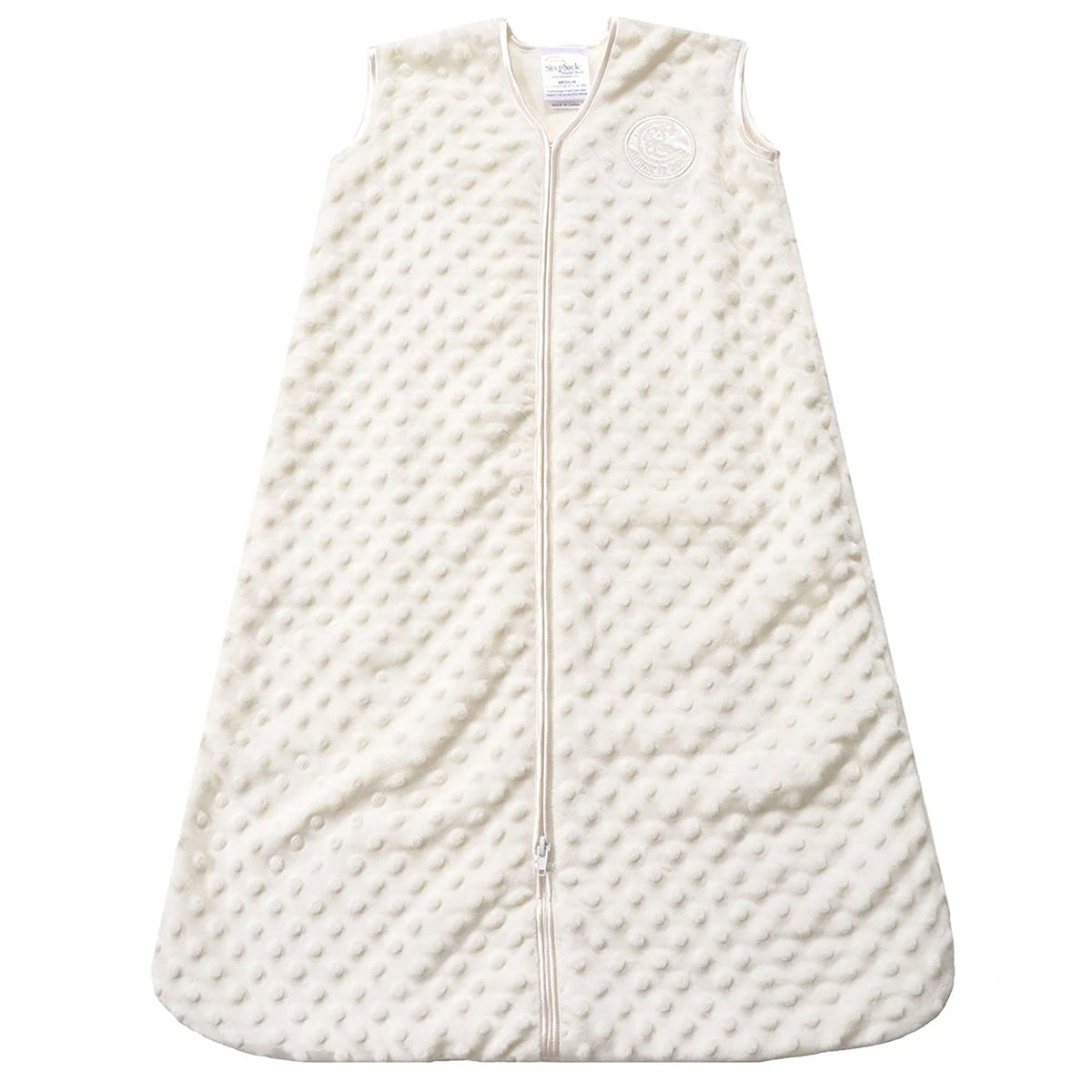 HALO Sleepsack Plush Dot Velboa Cream Medium supports hip-friendly sleep with easy diaper changes.