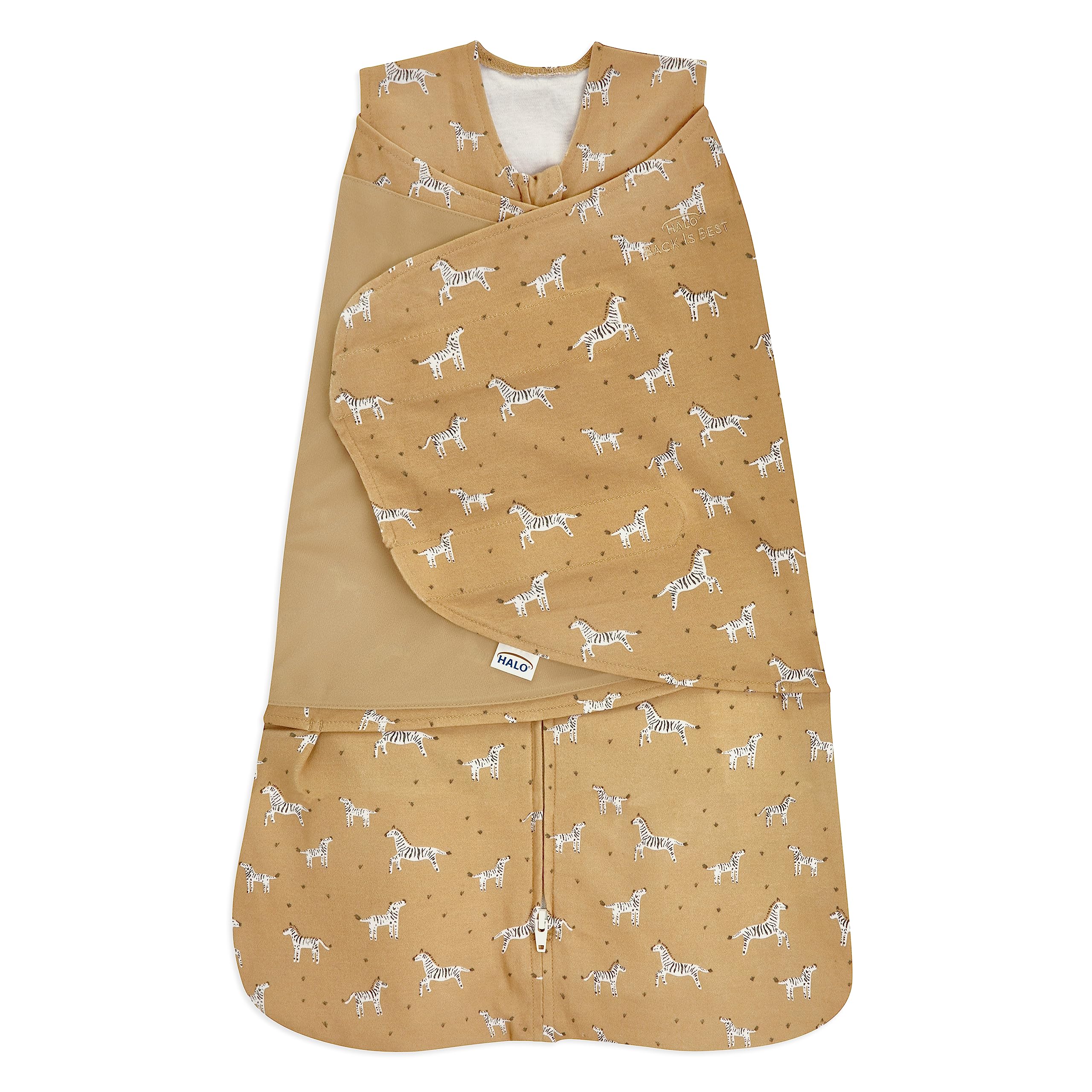 Halo Sleepsack Serengeti Zebra front view with cozy 100% cotton knit for baby sleep.