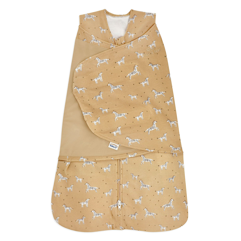 Halo Sleepsack Serengeti Zebra front view with cozy 100% cotton knit for baby sleep.
